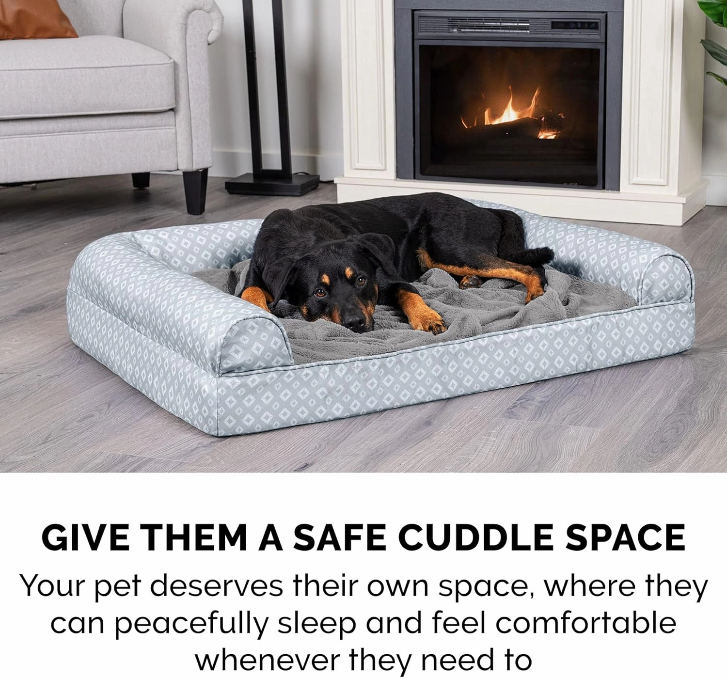 Furhaven Cozy Memory Foam Dog Bed for Large/Medium Dogs w/ Removable Bolsters & Washable Cover, For Dogs Up to 55 lbs - Plush & Diamond Print Nest Top Sofa - Gray, Large