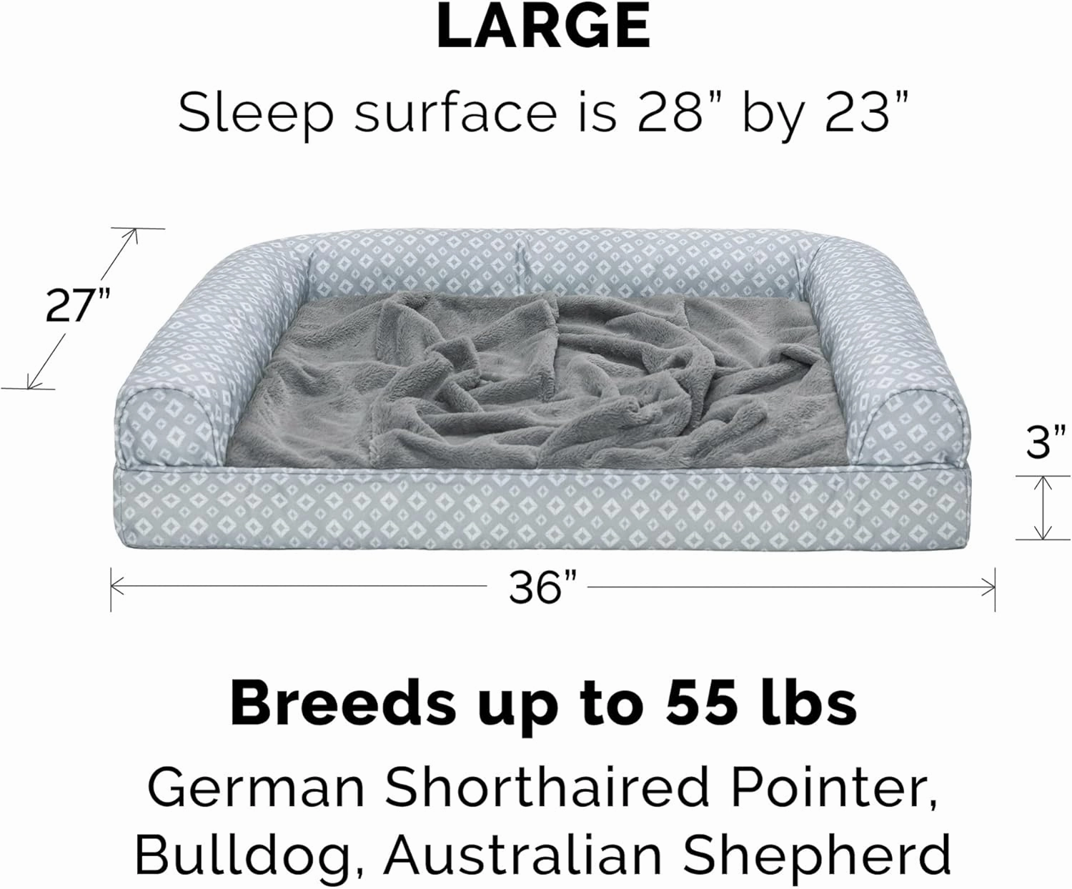Furhaven Cozy Memory Foam Dog Bed for Large/Medium Dogs w/ Removable Bolsters & Washable Cover, For Dogs Up to 55 lbs - Plush & Diamond Print Nest Top Sofa - Gray, Large