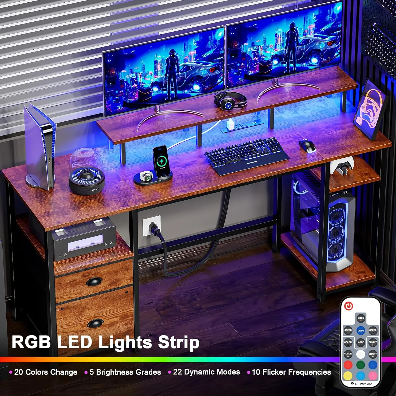 Furologee 61" Computer Desk with Power Outlet and LED Lights, Desk with Fabric File Cabinet Drawer, Large Reversible Table with Shelves and Monitor Stand, Writing Study Table for Home Office