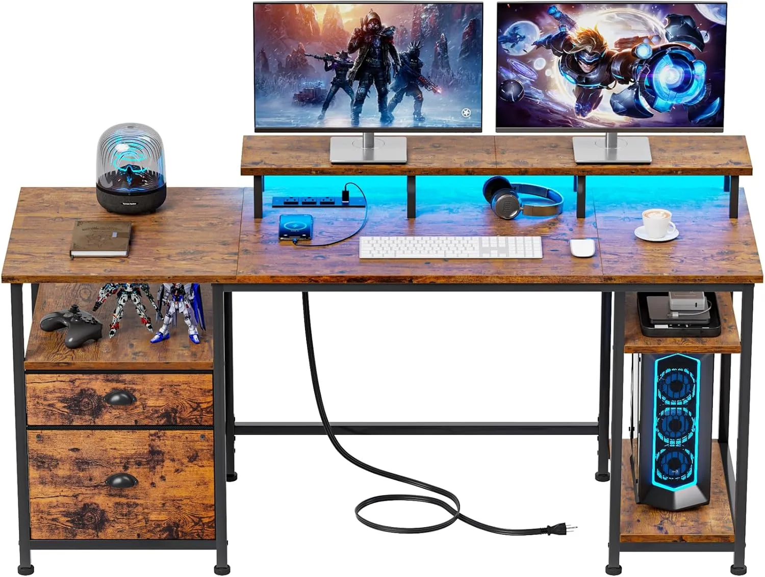 Furologee 61" Computer Desk with Power Outlet and LED Lights, Desk with Fabric File Cabinet Drawer, Large Reversible Table with Shelves and Monitor Stand, Writing Study Table for Home Office