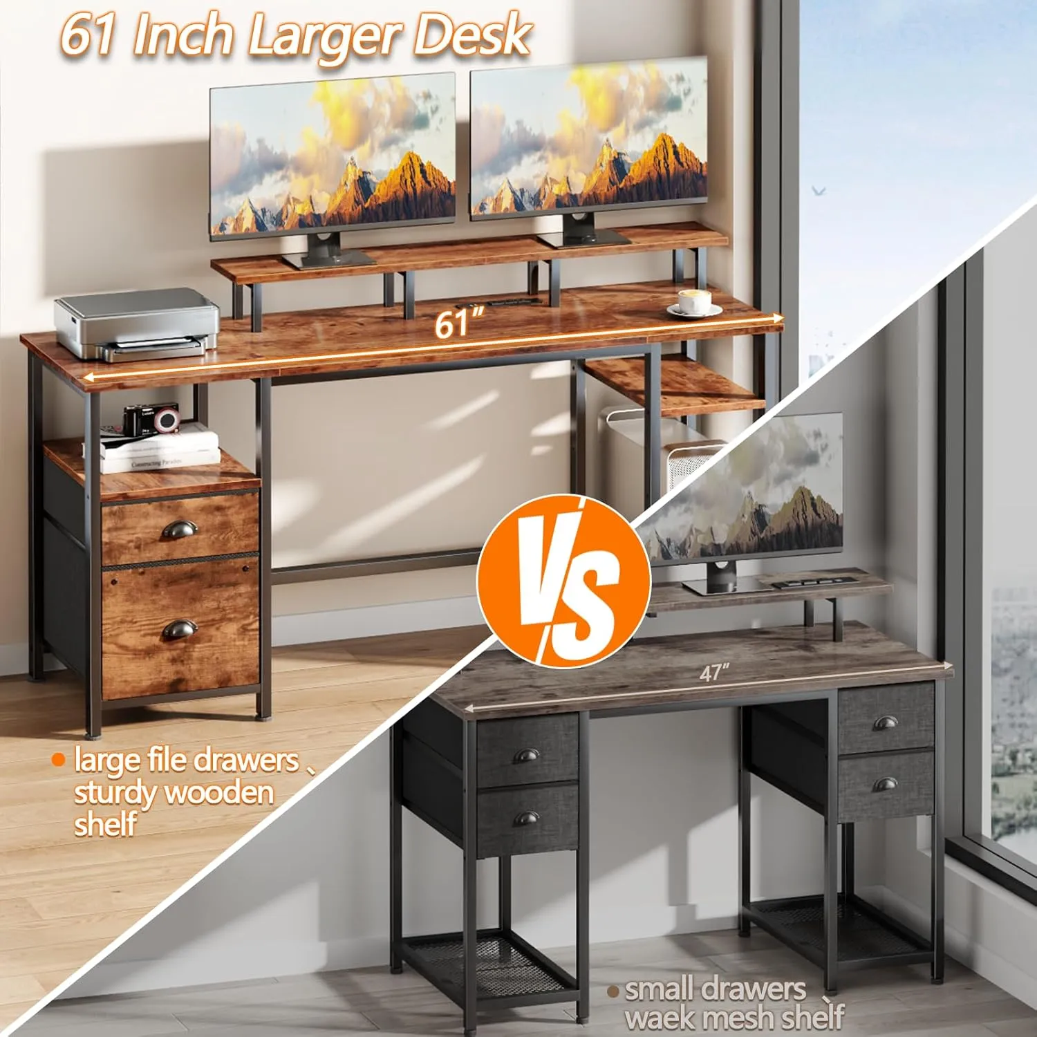 Furologee 61" Computer Desk with Power Outlet and LED Lights, Desk with Fabric File Cabinet Drawer, Large Reversible Table with Shelves and Monitor Stand, Writing Study Table for Home Office