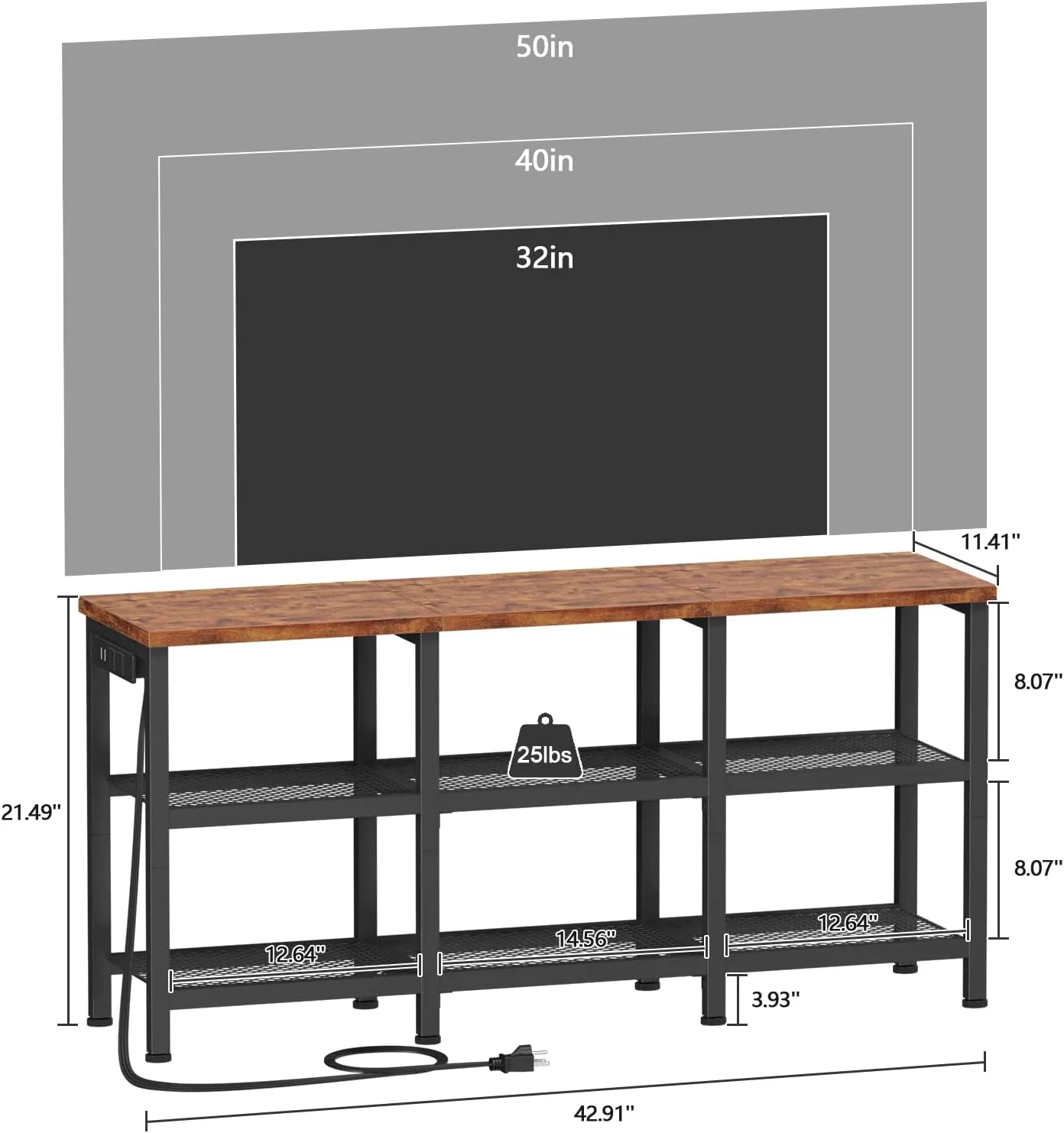 Furologee TV Stand with Power Outlets, Small Entertainment Center with Open Storage Shelves, Media Console Center for TVs up to 50 Inch, Television Stands for Living Room/Bedroom, Rustic Brown