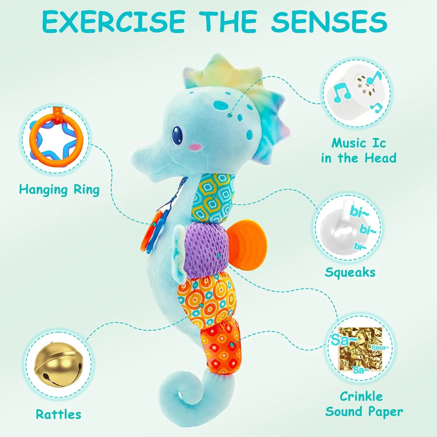 Fuzqq Baby Toys 0-6 Months,Infant Musical Stuffed Animals Soft Toy with Bright Colors,Crinkle Sound Paper, Multi-Textures & Rattles,Baby Newborn Toys for 0 3 6 9 12 Months Boy/Girls(Blue)