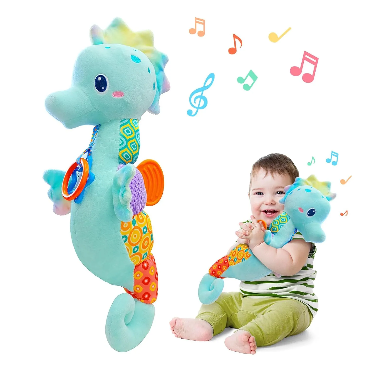 Fuzqq Baby Toys 0-6 Months,Infant Musical Stuffed Animals Soft Toy with Bright Colors,Crinkle Sound Paper, Multi-Textures & Rattles,Baby Newborn Toys for 0 3 6 9 12 Months Boy/Girls(Blue)