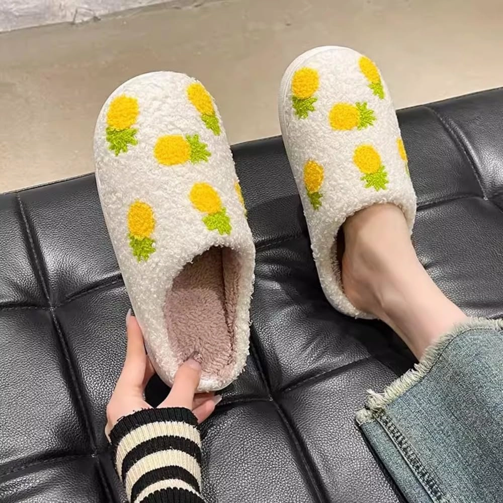 Fuzzy Cute Fruit Slippers for Women with Thick and Soft Plush Fleece Winter House Shoes