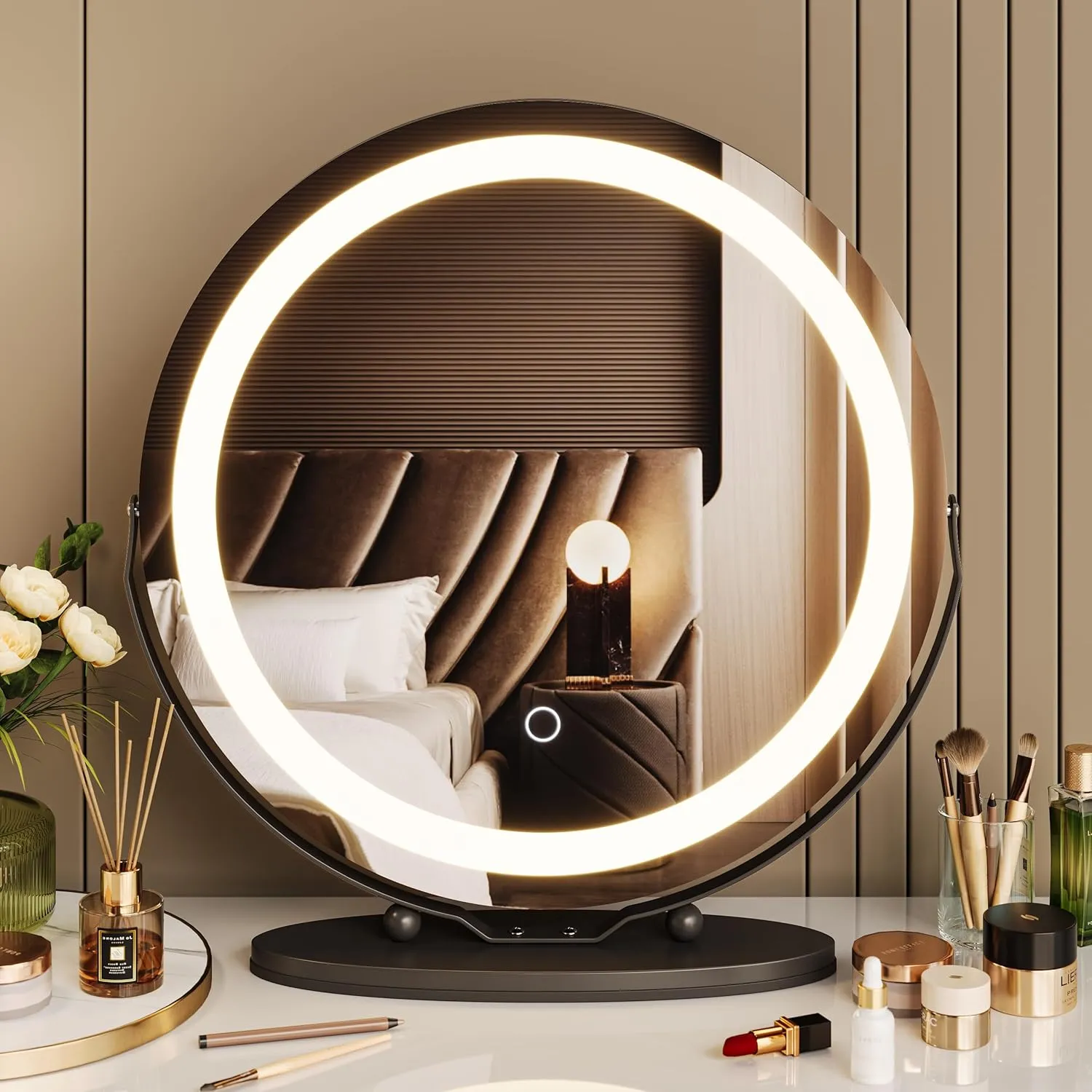 GAOMON Vanity Mirror, 19 Inch Large HD Vanity Mirror with Lights, Smart Touch Control, 3 Color Lighting Modes & 360°Rotation, for Bedroom Makeup Table, Easy to Install (Black)