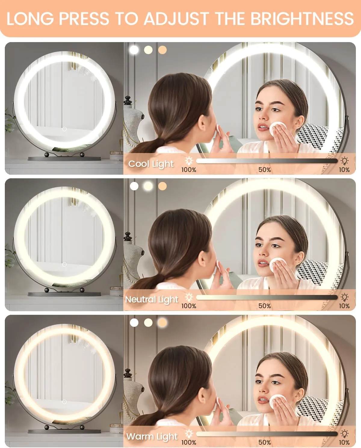 GAOMON Vanity Mirror, 19 Inch Large HD Vanity Mirror with Lights, Smart Touch Control, 3 Color Lighting Modes & 360°Rotation, for Bedroom Makeup Table, Easy to Install (Black)