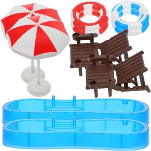 Garneck 2 Sets Miniature Swimming Pool Accessories - Dollhouse Swim Ring Beach Chair and Umbrella Models for DIY Fairy Garden and Toy House Decoration
