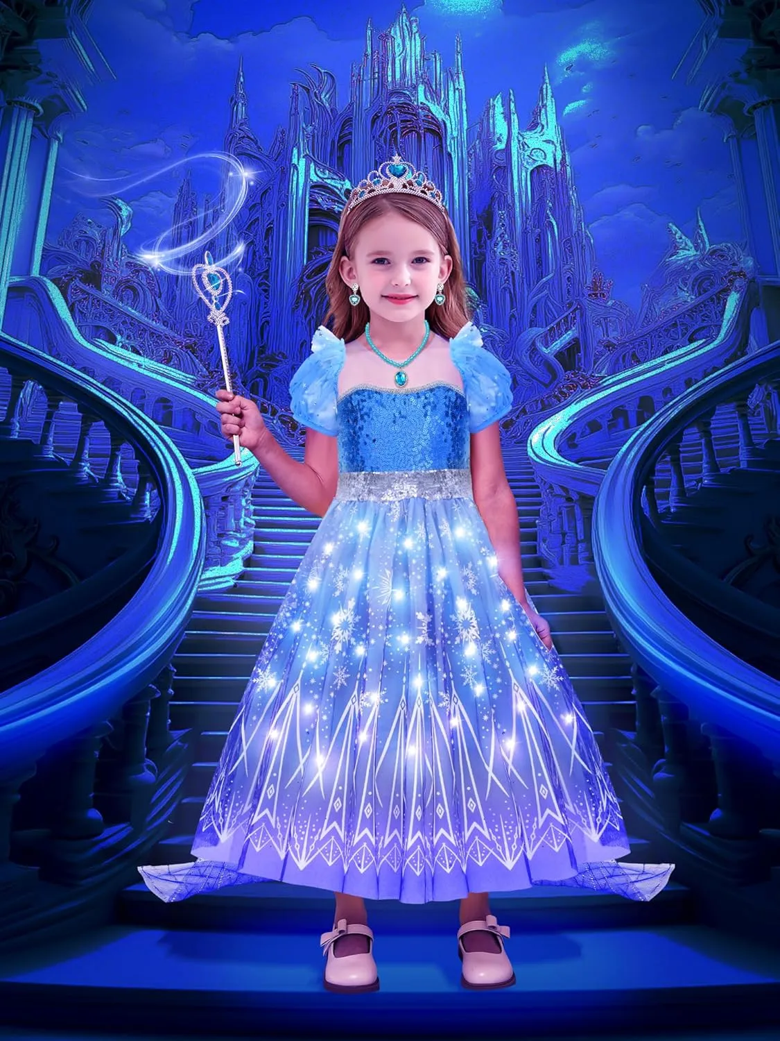G.C Girls Light Up Princess Costume Dress Up Clothes with Cape Toddler Kids Wig Crown Halloween Cosplay