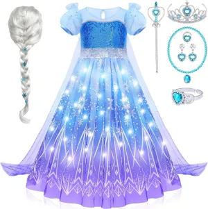 G.C Girls Light Up Princess Costume Dress Up Clothes with Cape Toddler Kids Wig Crown Halloween Cosplay