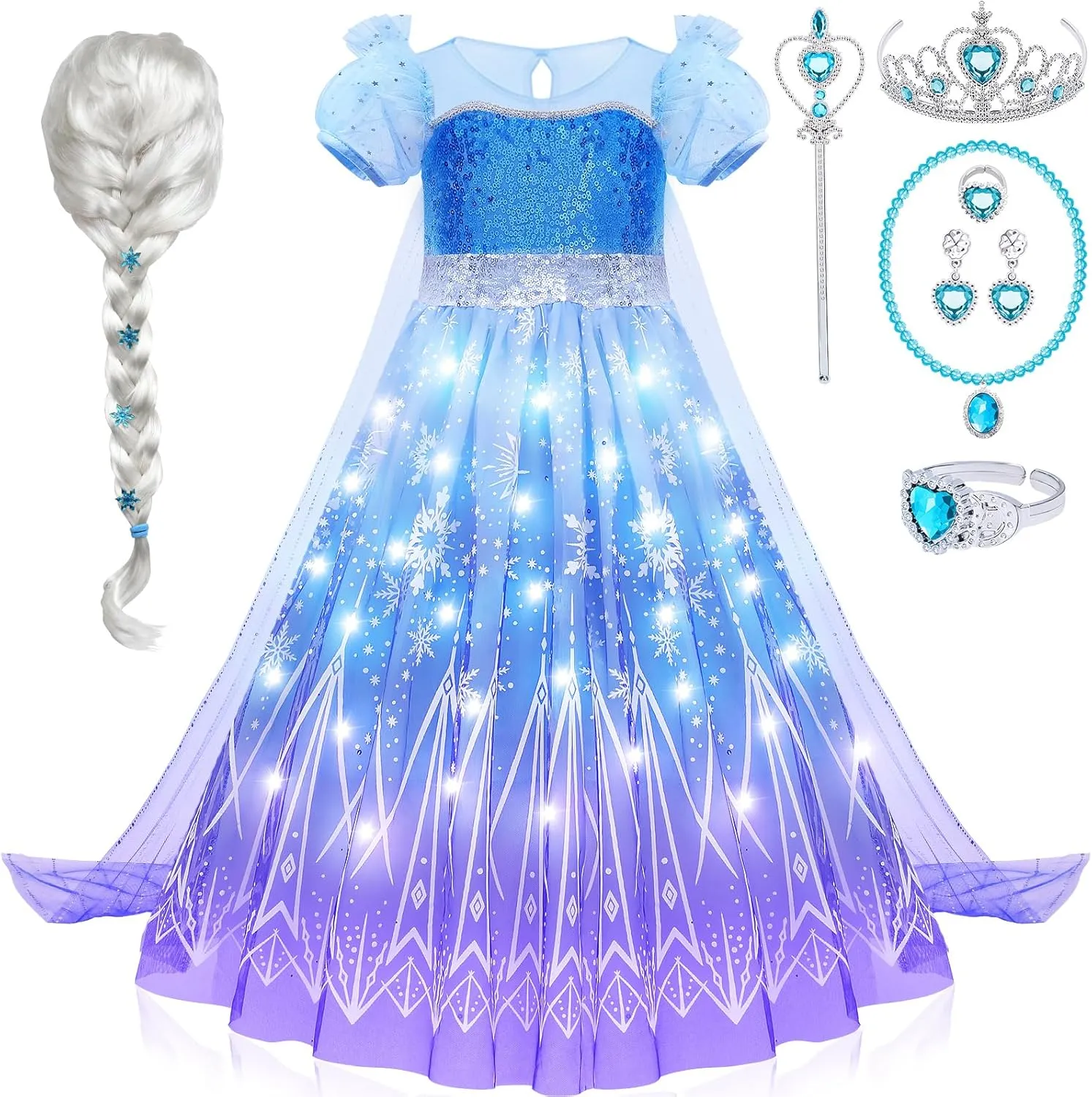 G.C Girls Light Up Princess Costume Dress Up Clothes with Cape Toddler Kids Wig Crown Halloween Cosplay