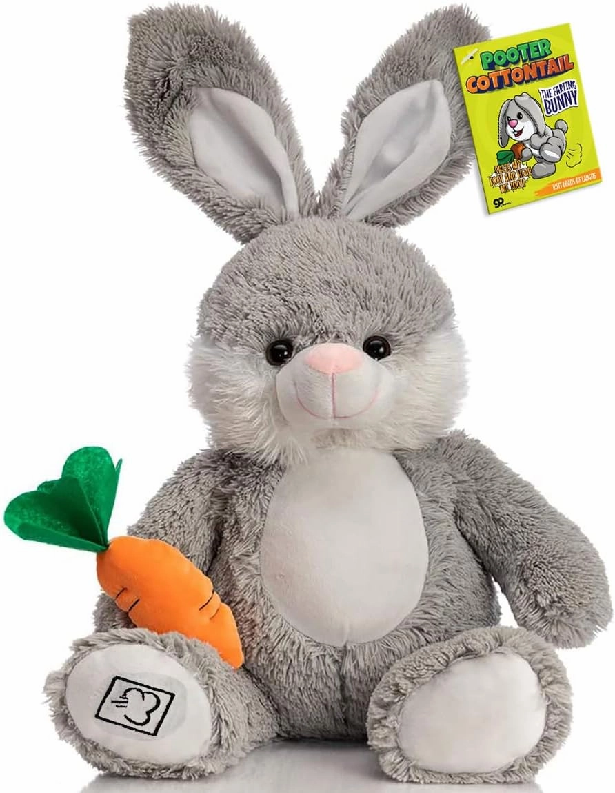 Gears Out Pooter Cottontail Farting Bunny Plush - Hilarious Gag Gift with Fart Sound Button - Funny Prank Toy for Christmas, Birthdays, Valentine’s Day, Easter & More