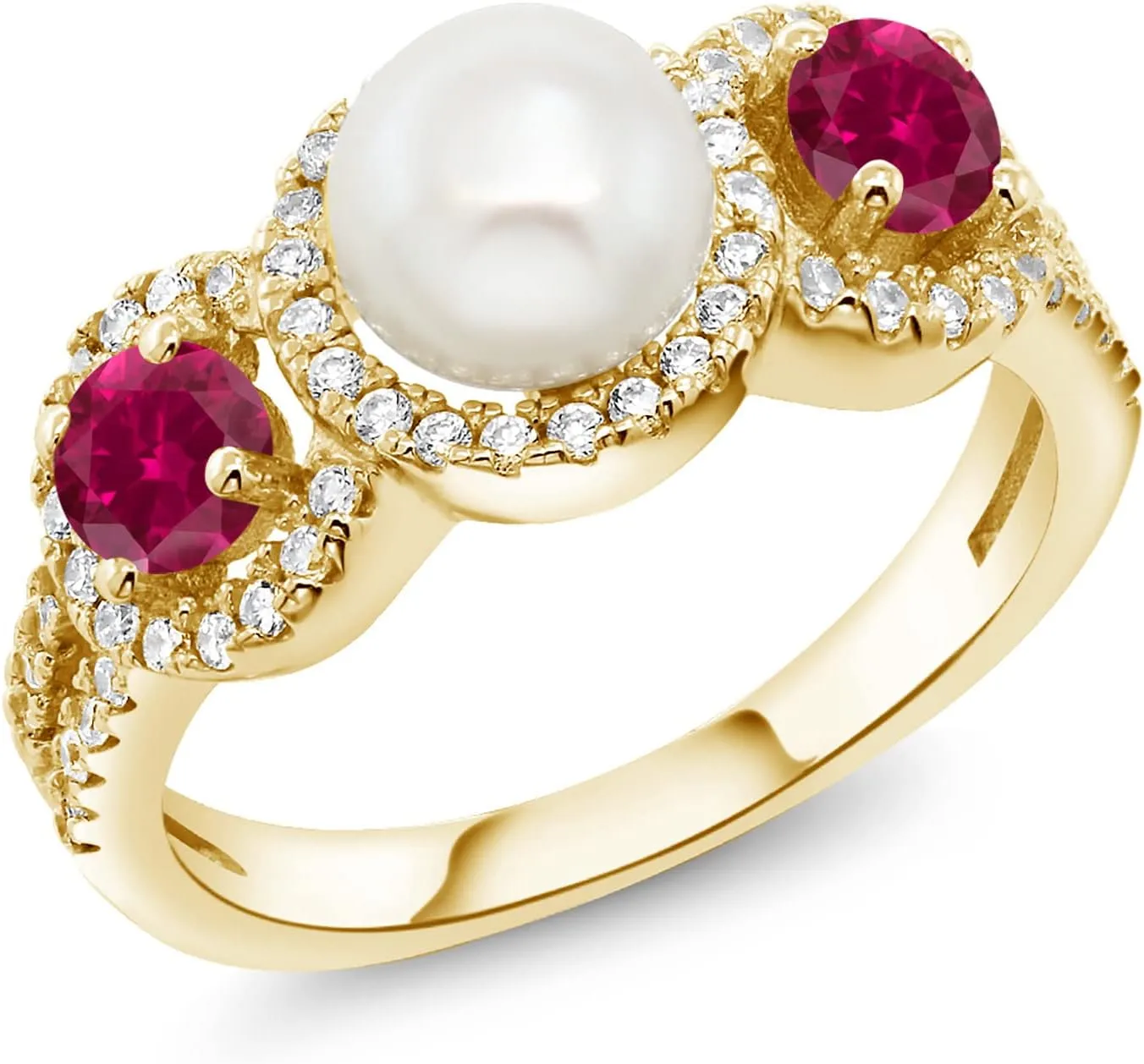 Gem Stone King 18K Yellow Gold Plated Silver Round Red Created Ruby and Cultured Freshwater Pearl Ring For Women | 1.30 Cttw | Size 5,6,7,8,9