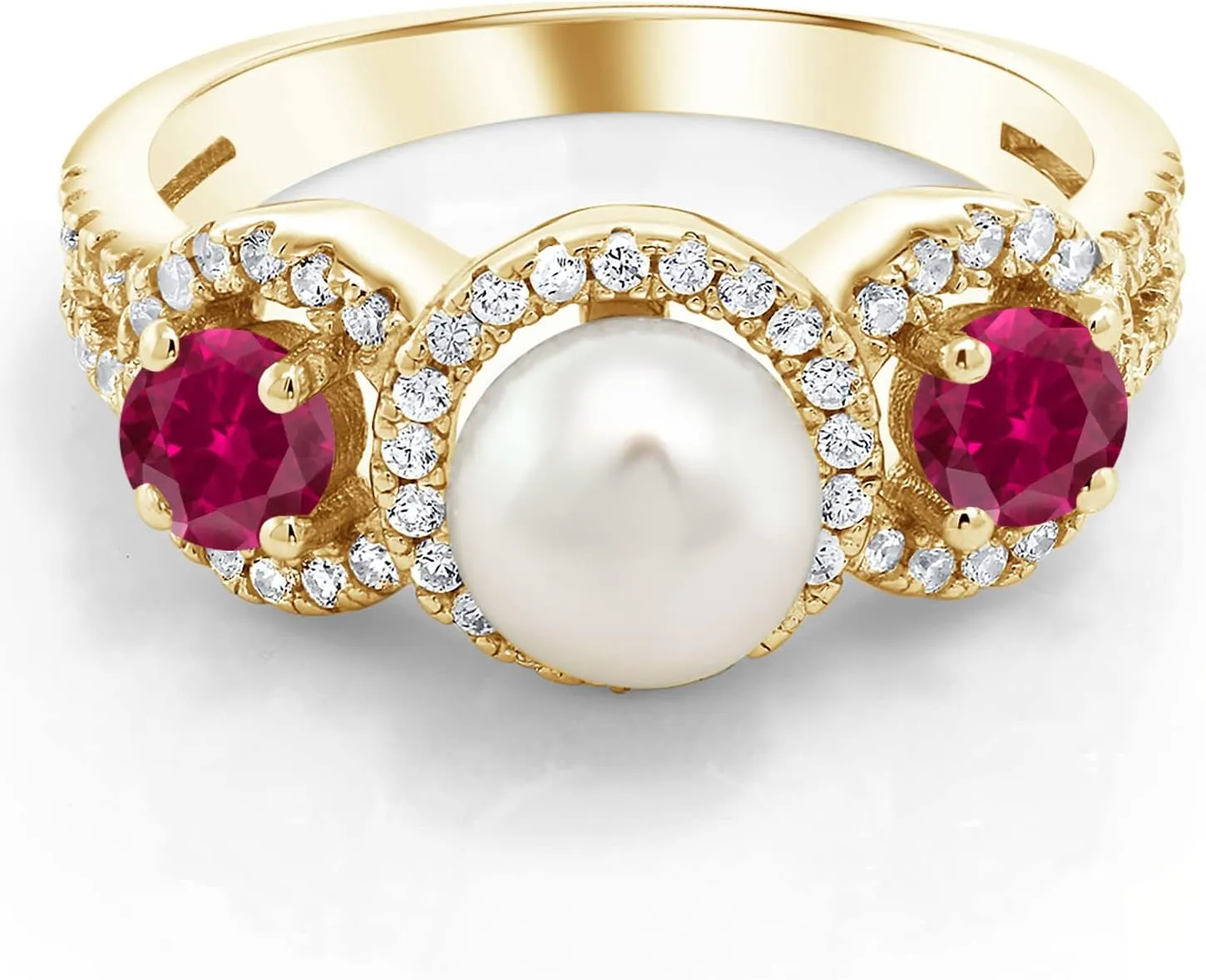 Gem Stone King 18K Yellow Gold Plated Silver Round Red Created Ruby and Cultured Freshwater Pearl Ring For Women | 1.30 Cttw | Size 5,6,7,8,9