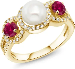 Gem Stone King 18K Yellow Gold Plated Silver Round Red Created Ruby and Cultured Freshwater Pearl Ring For Women | 1.30 Cttw | Size 5,6,7,8,9