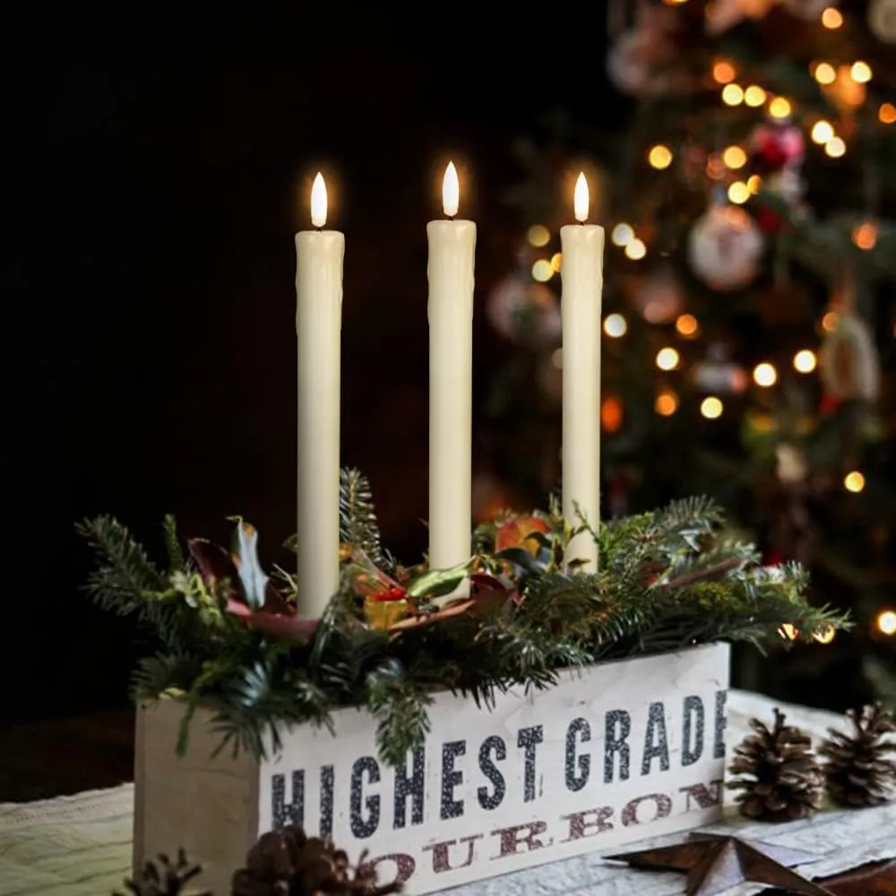 GenSwin Drip Wax Flameless Taper Candles Flickering with 10-Key Remote, Battery Operated Led Warm 3D Wick Light Window Candles Real Wax Pack of 6 Christmas Home Wedding Decor(Ivory, 0.78 X 9.64 Inch)