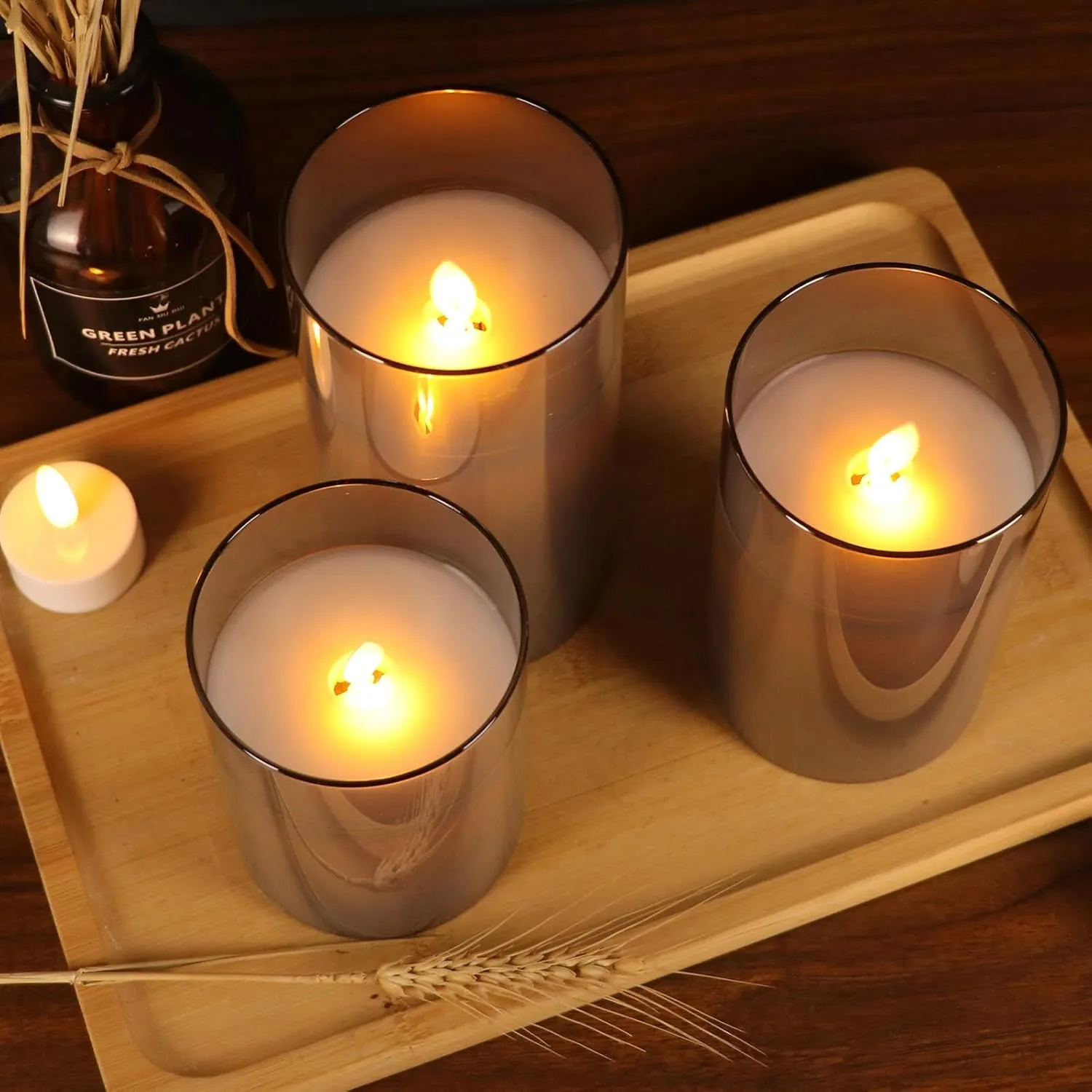 GenSwin LED Flameless Flickering Battery Operated Candles with 10-Key Remote Control, Real Wax Moving Wick Pillar Glass Candles for Festival Wedding Christmas Home Party Decor(Pack of 3, Gray)