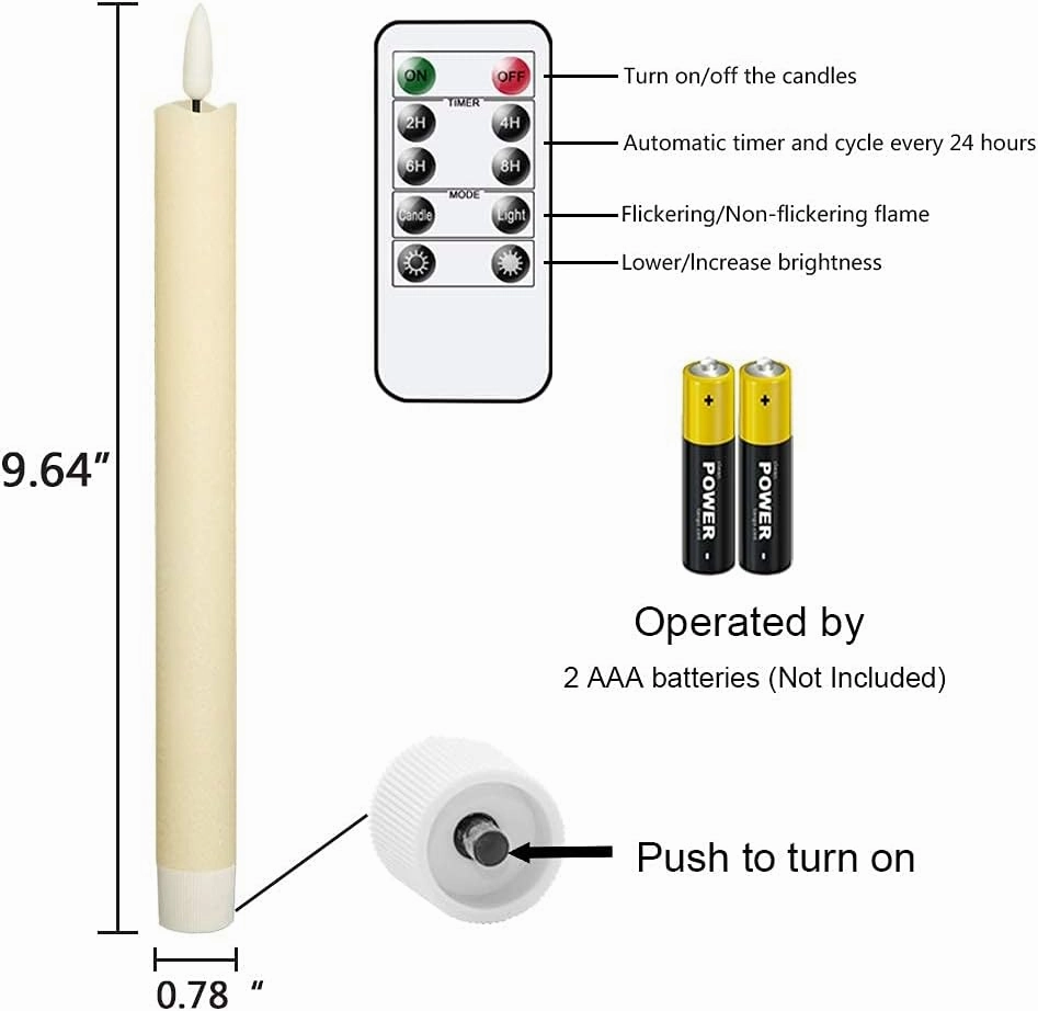 GenSwin Flameless Ivory Taper Candles Flickering with 10-Key Remote, Battery Operated Led Warm 3D Wick Light Window Candles Real Wax Pack of 6, Christmas Home Wedding Decor(0.78 X 9.64 Inch)