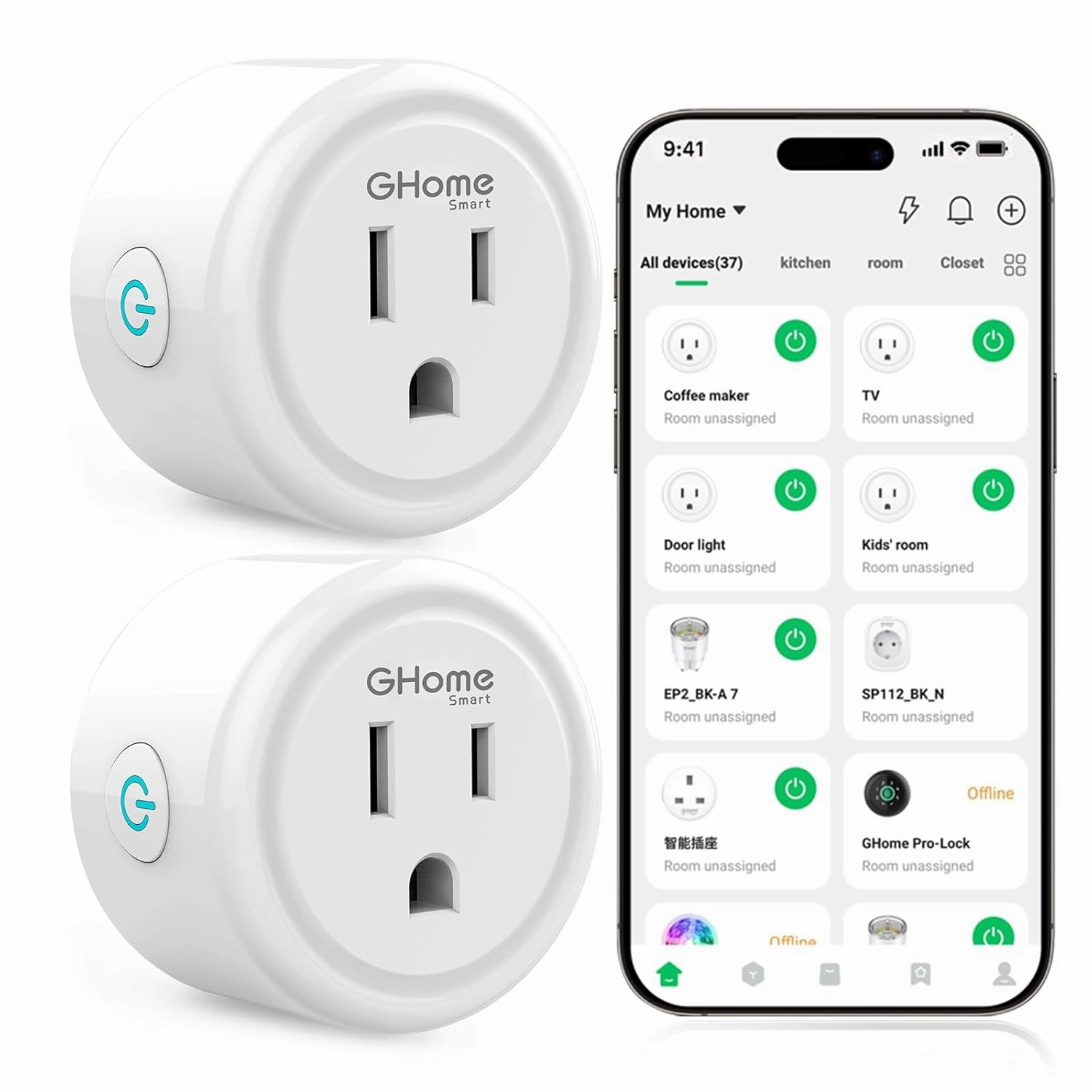 GHome Smart Plug,WiFi Smart Plugs Compatible with Alexa and Google Home,Smart WiFi Outlet with Remote Control and Timer Function,2.4GHz Wi-Fi Only,No Hub Required, ETL FCC Listed,White(2 Pack)