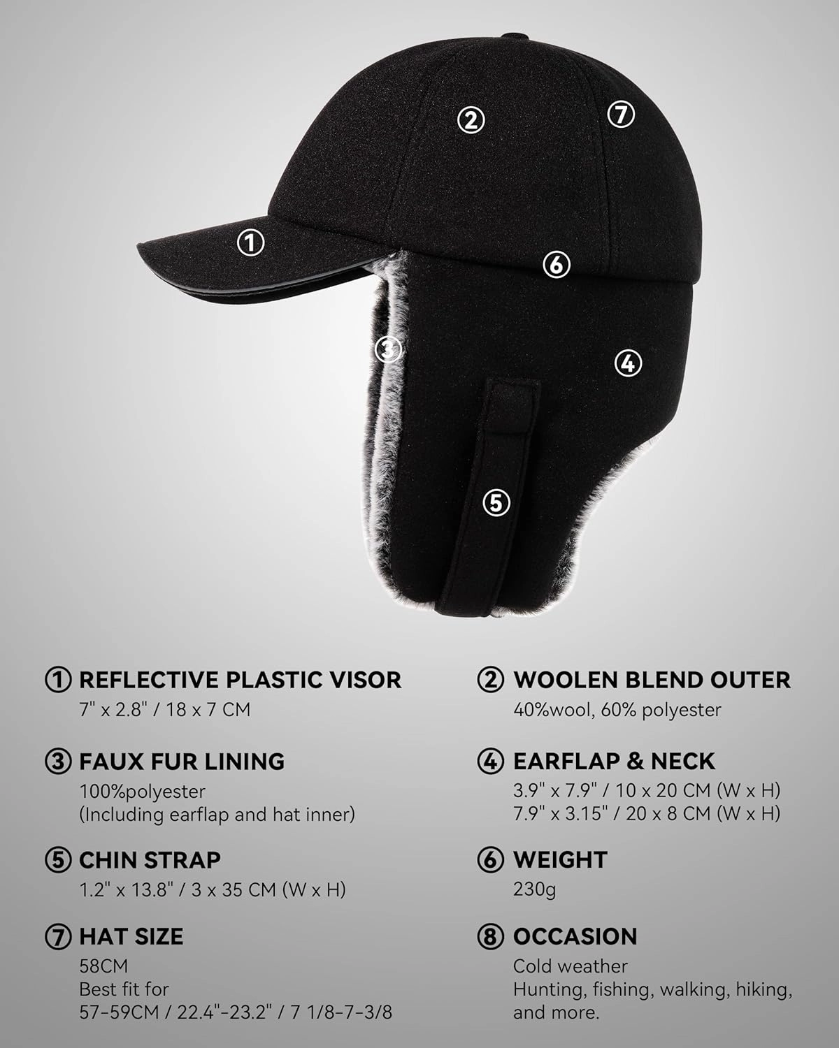 Gisdanchz Unisex Winter Wool Baseball Cap with Long Earflap - Fully Lined with Faux Fur
