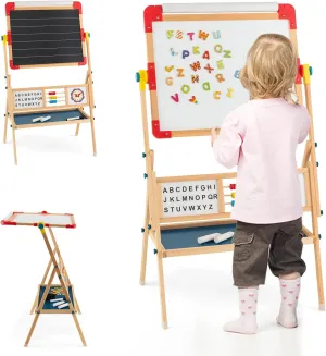 GLACER Kids Wooden Art Easel, 3-in-1 Double Sided Painting Easel w/Whiteboard, Chalkboard & Paper Roll, Adjustable Standing Easel w/ 360° Rotating Drawing Board, Magnetic Letters, Abacus & Eraser