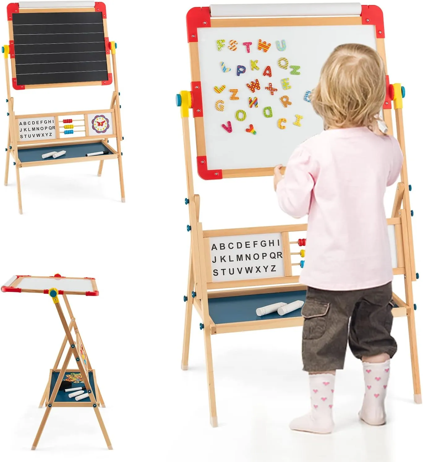 GLACER Kids Wooden Art Easel, 3-in-1 Double Sided Painting Easel w/Whiteboard, Chalkboard & Paper Roll, Adjustable Standing Easel w/ 360° Rotating Drawing Board, Magnetic Letters, Abacus & Eraser