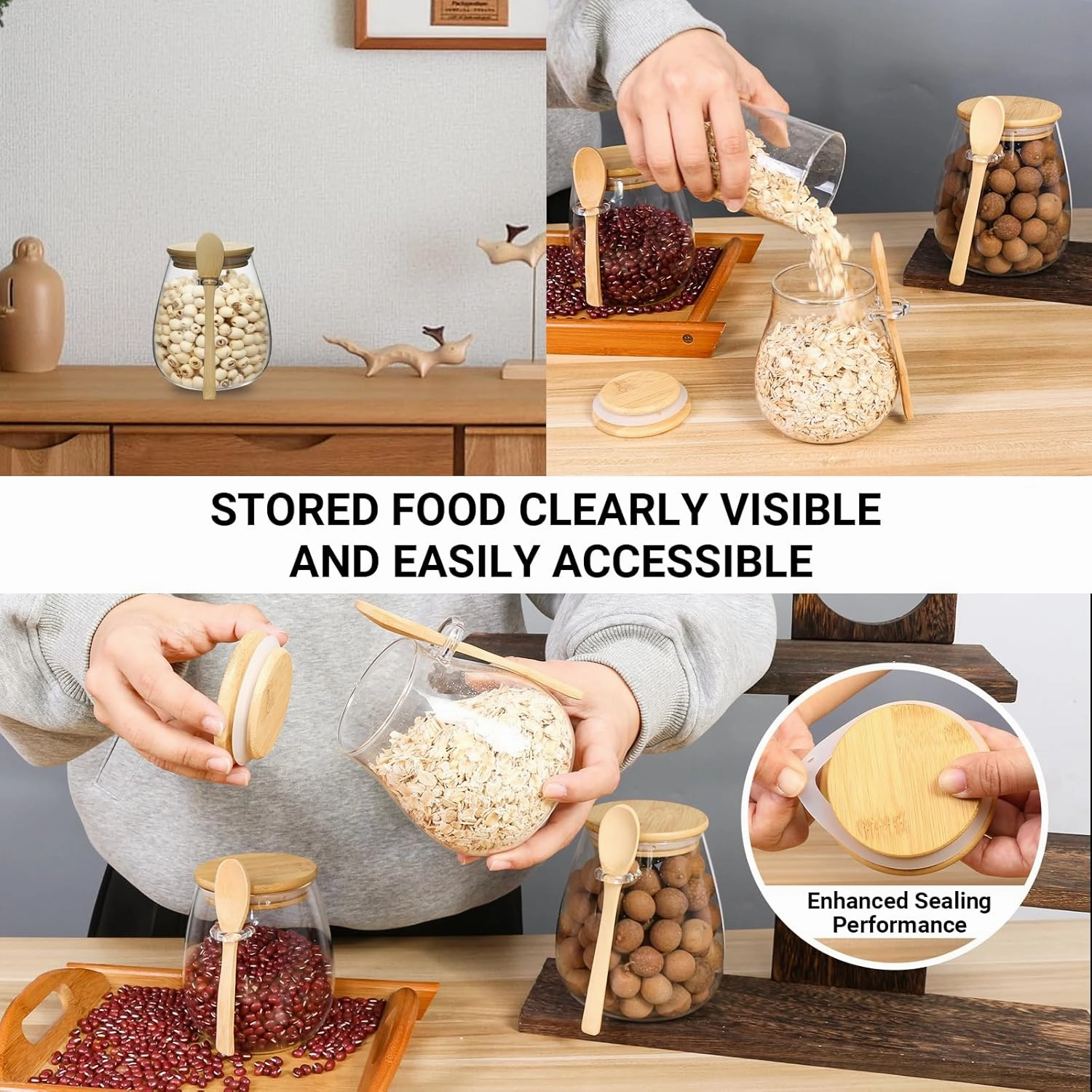 Glass Storage jars with Bamboo Lids and Spoon -38oz Airtight Storage Containers Glass jar，Wide Mouth, Leak-Proof, Comes Suitable for Coffee Beans, Tea Leaves, Grains, Dried Fruits(Large2PCS)