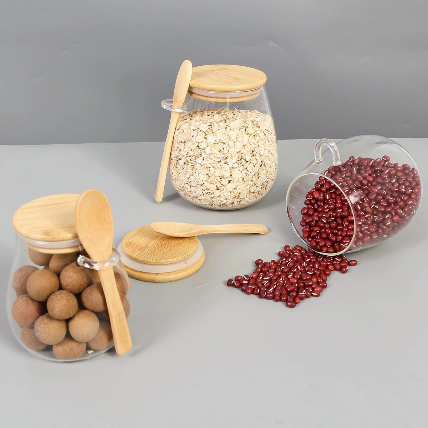 Glass Storage jars with Bamboo Lids and Spoon -38oz Airtight Storage Containers Glass jar，Wide Mouth, Leak-Proof, Comes Suitable for Coffee Beans, Tea Leaves, Grains, Dried Fruits(Large2PCS)