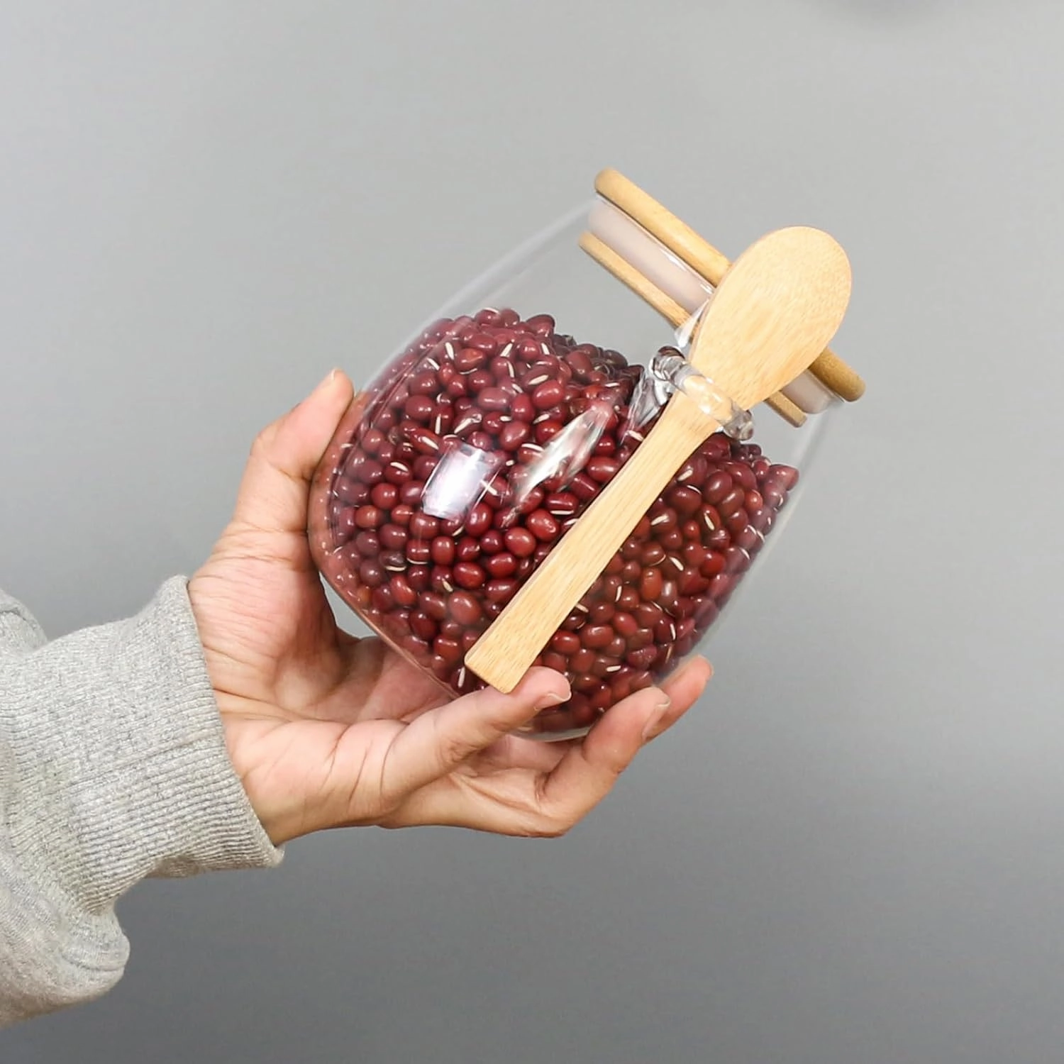 Glass Storage jars with Bamboo Lids and Spoon -38oz Airtight Storage Containers Glass jar，Wide Mouth, Leak-Proof, Comes Suitable for Coffee Beans, Tea Leaves, Grains, Dried Fruits(Large2PCS)