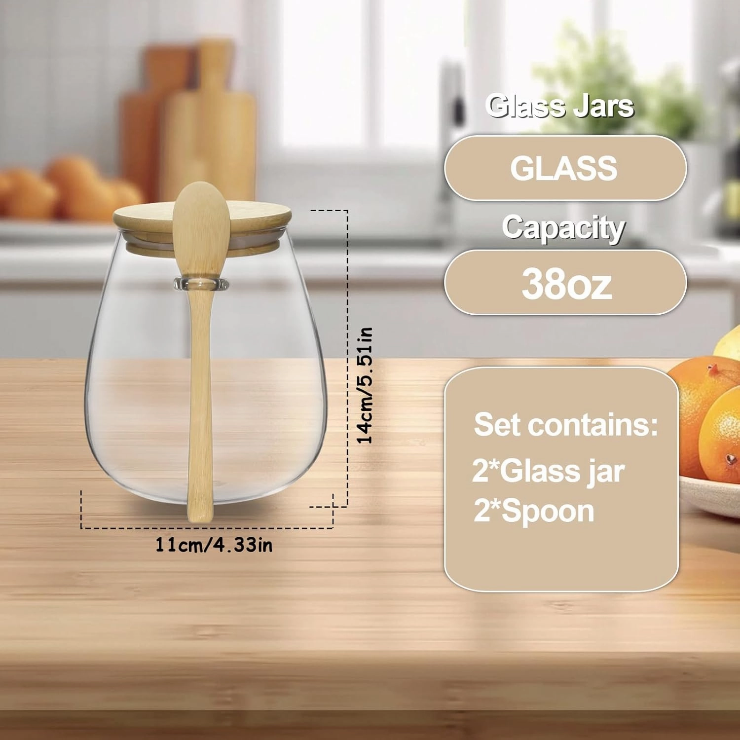 Glass Storage jars with Bamboo Lids and Spoon -38oz Airtight Storage Containers Glass jar，Wide Mouth, Leak-Proof, Comes Suitable for Coffee Beans, Tea Leaves, Grains, Dried Fruits(Large2PCS)