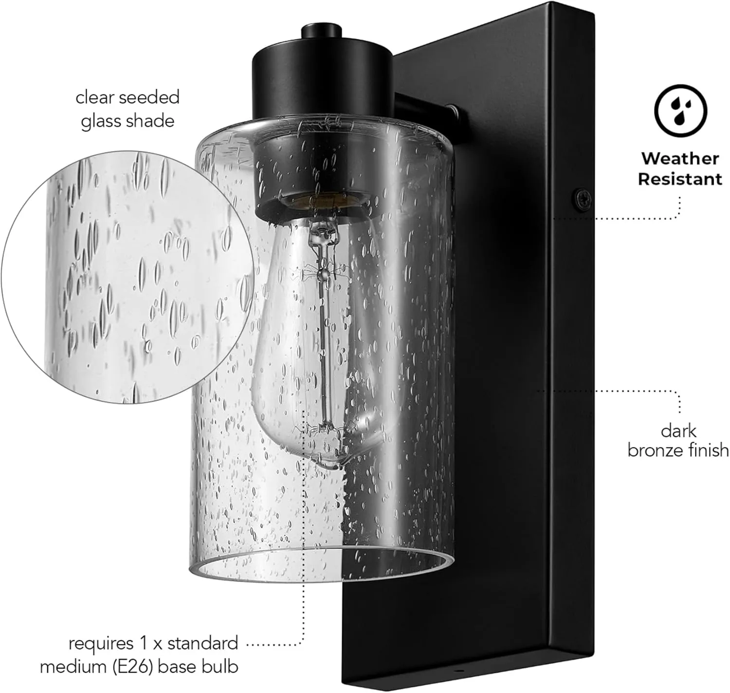 GLOBE Electric 60000129 1-Light Outdoor Wall Sconce, Dark Bronze, Clear Seeded Glass