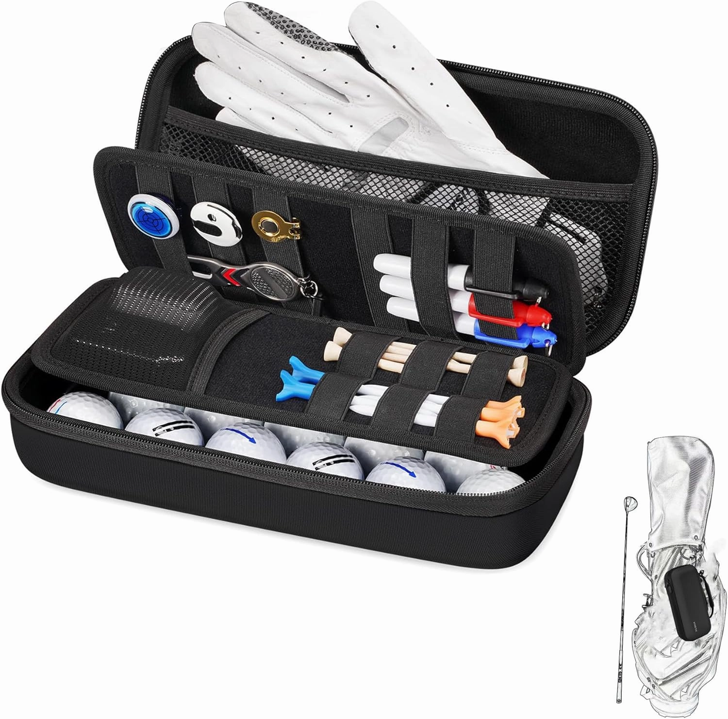 Golf Glove Holder with Removable Golf Glove Shaper Water-Resistant Protective Hard Shell golf bag holder for Phone,Tees, Ball Markers,Repair Tools,Golf Accessories Golf Gifts for Men (Black)