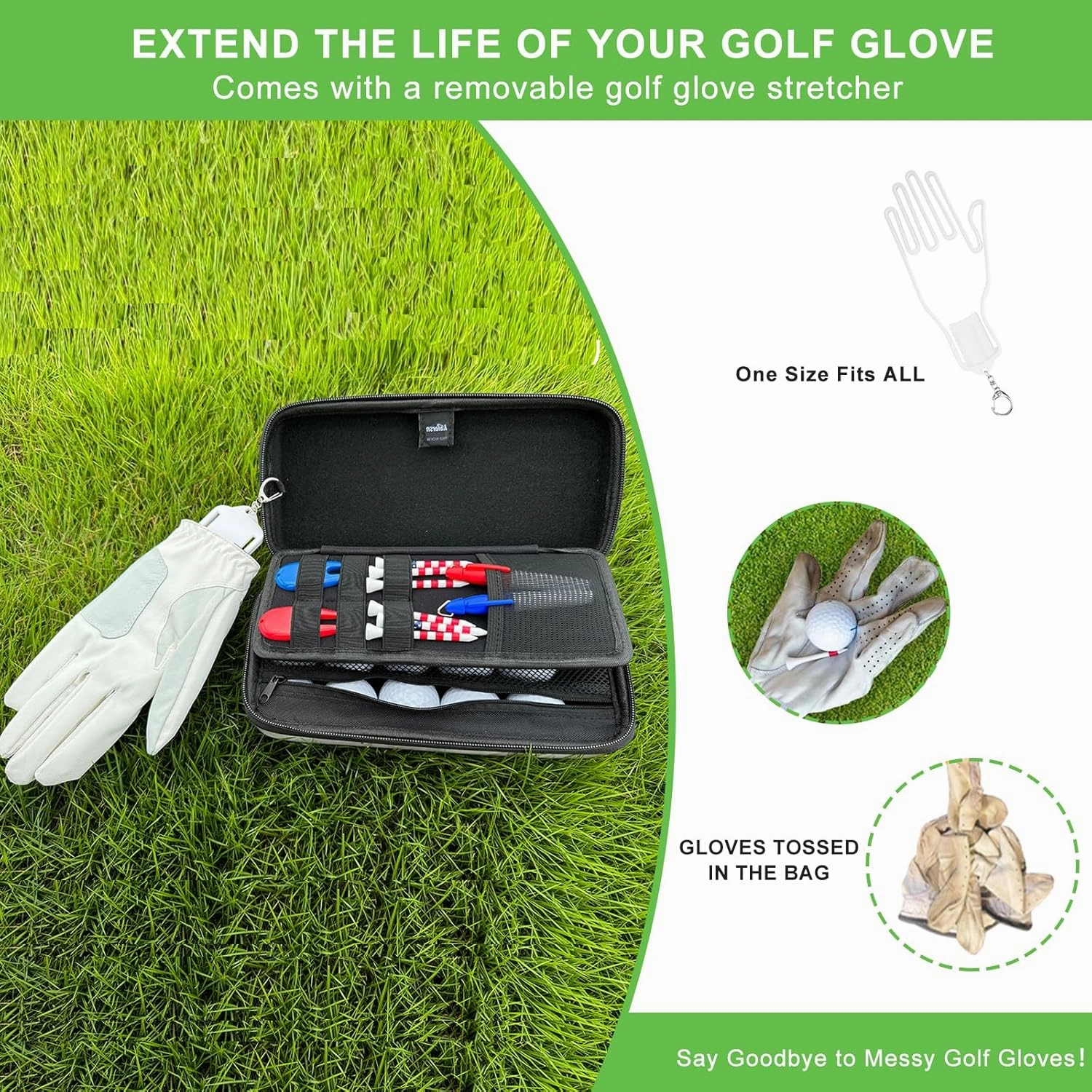 Golf Glove Holder with Removable Golf Glove Shaper Water-Resistant Protective Hard Shell golf bag holder for Phone,Tees, Ball Markers,Repair Tools,Golf Accessories Golf Gifts for Men (Black)