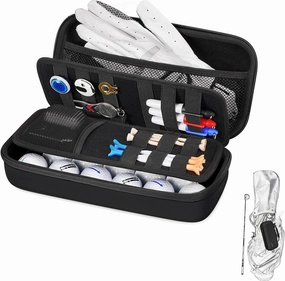 Golf Glove Holder with Removable Golf Glove Shaper Water-Resistant Protective Hard Shell golf bag holder for Phone,Tees, Ball Markers,Repair Tools,Golf Accessories Golf Gifts for Men (Black)