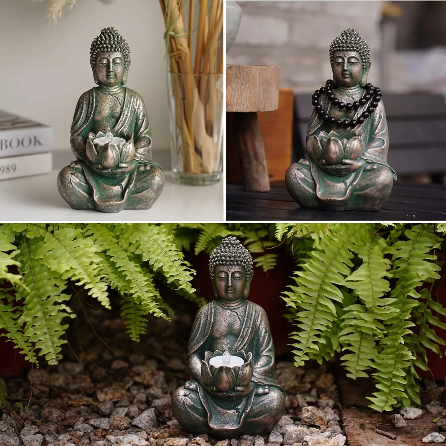 Goodeco Meditation Small Buddha Statue Figurine -Buddha with LED Tea Lights Candle Holder,Gift idea,Zen Home Decor Meditation Accessories,Antique Bronze Look 8"
