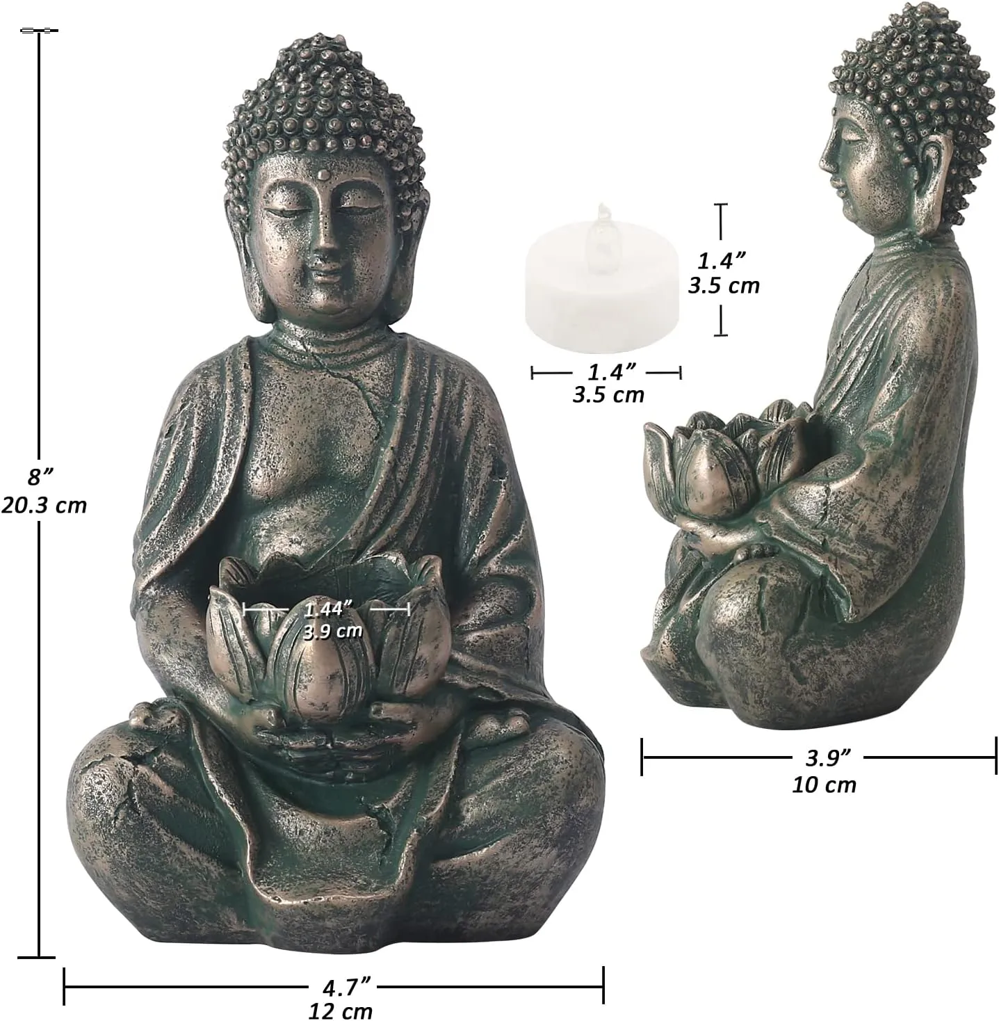 Goodeco Meditation Small Buddha Statue Figurine -Buddha with LED Tea Lights Candle Holder,Gift idea,Zen Home Decor Meditation Accessories,Antique Bronze Look 8"
