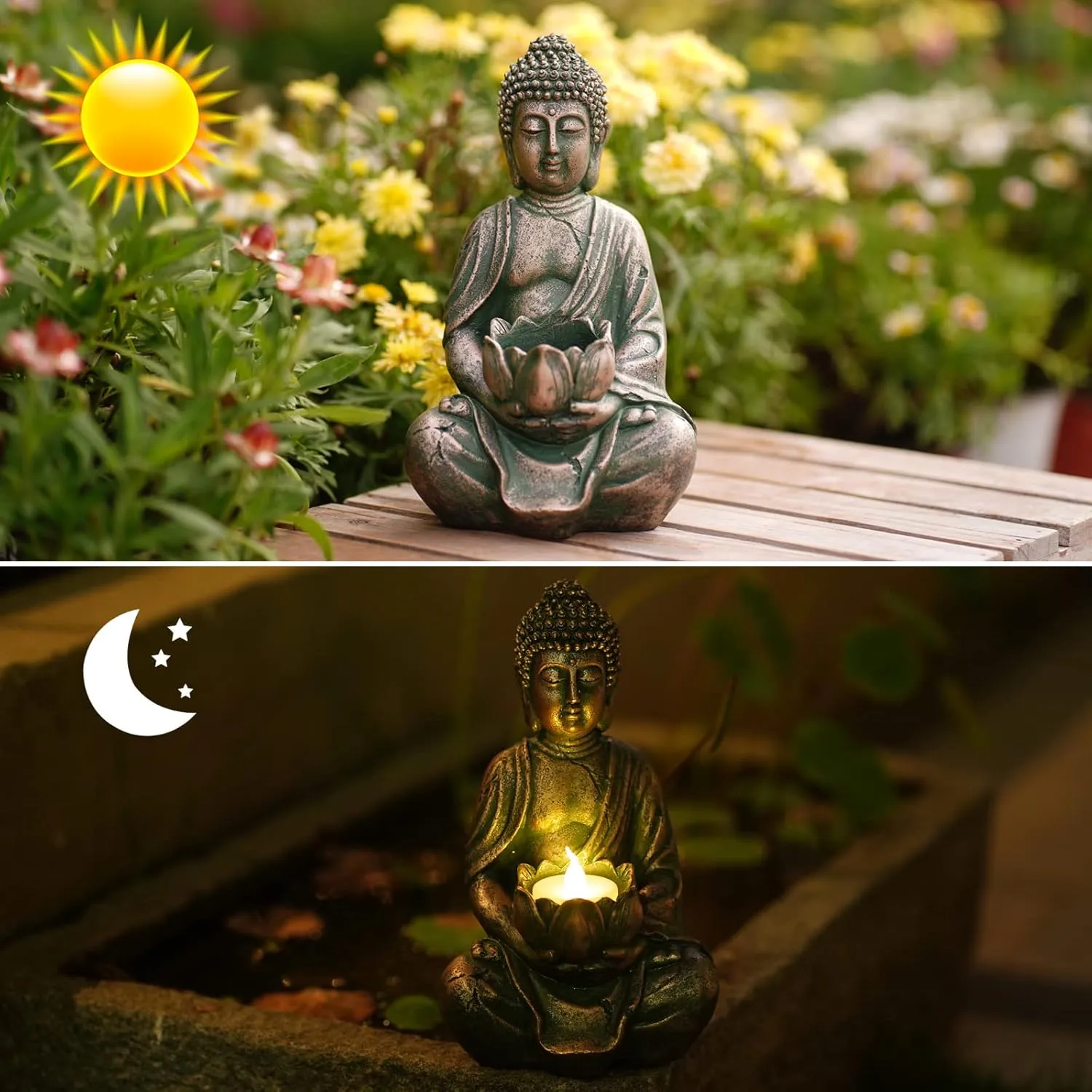 Goodeco Meditation Small Buddha Statue Figurine -Buddha with LED Tea Lights Candle Holder,Gift idea,Zen Home Decor Meditation Accessories,Antique Bronze Look 8"
