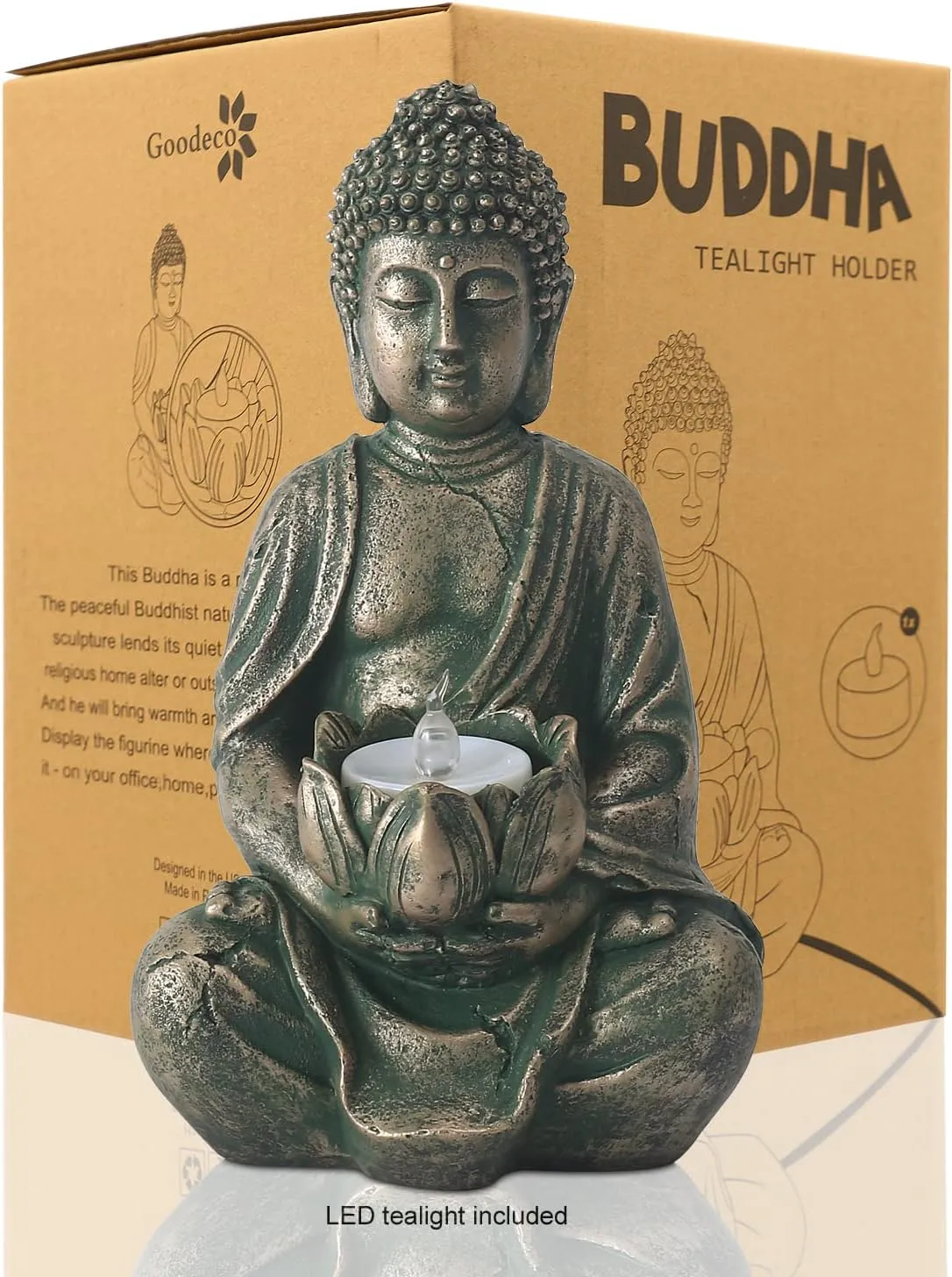 Goodeco Meditation Small Buddha Statue Figurine -Buddha with LED Tea Lights Candle Holder,Gift idea,Zen Home Decor Meditation Accessories,Antique Bronze Look 8"