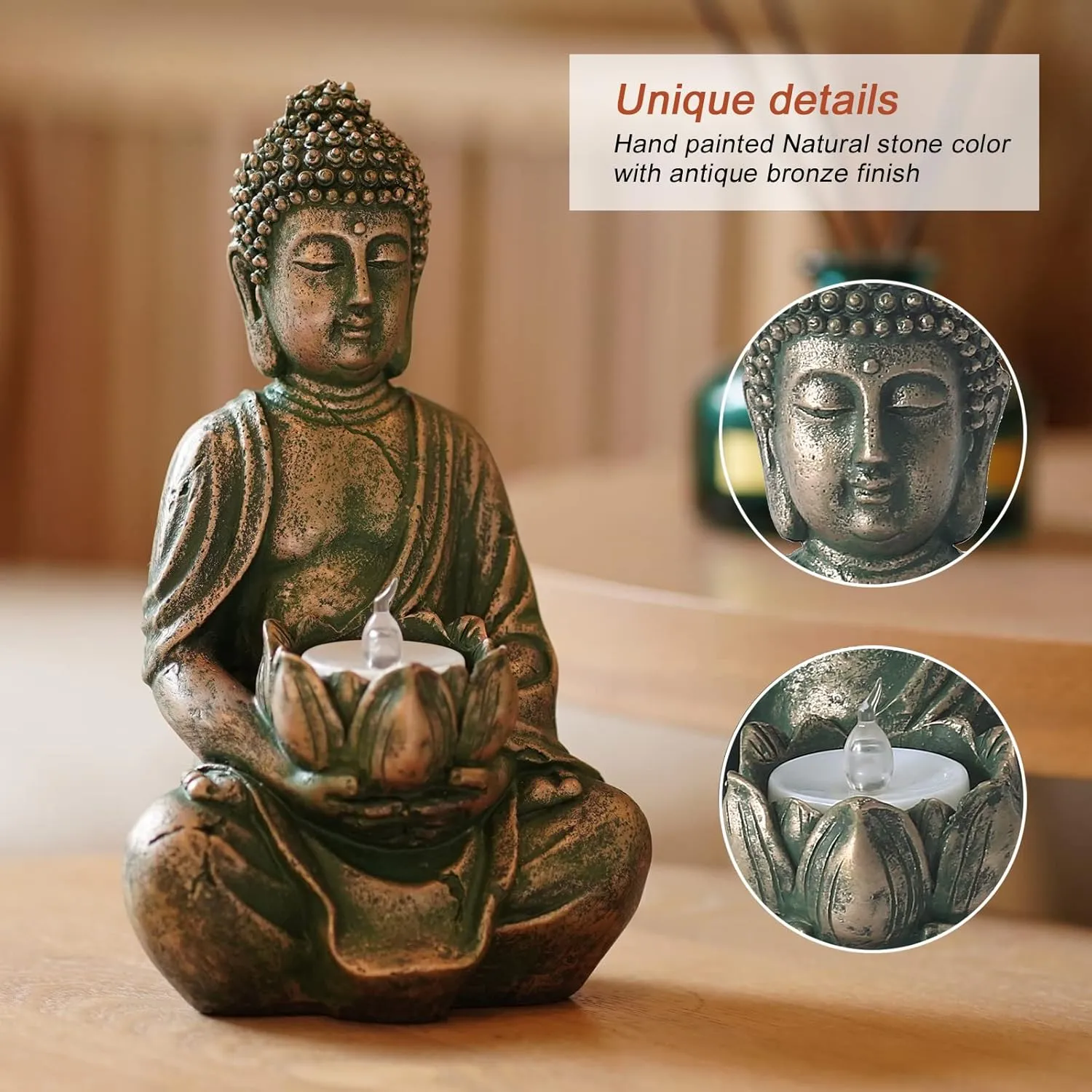 Goodeco Meditation Small Buddha Statue Figurine -Buddha with LED Tea Lights Candle Holder,Gift idea,Zen Home Decor Meditation Accessories,Antique Bronze Look 8"