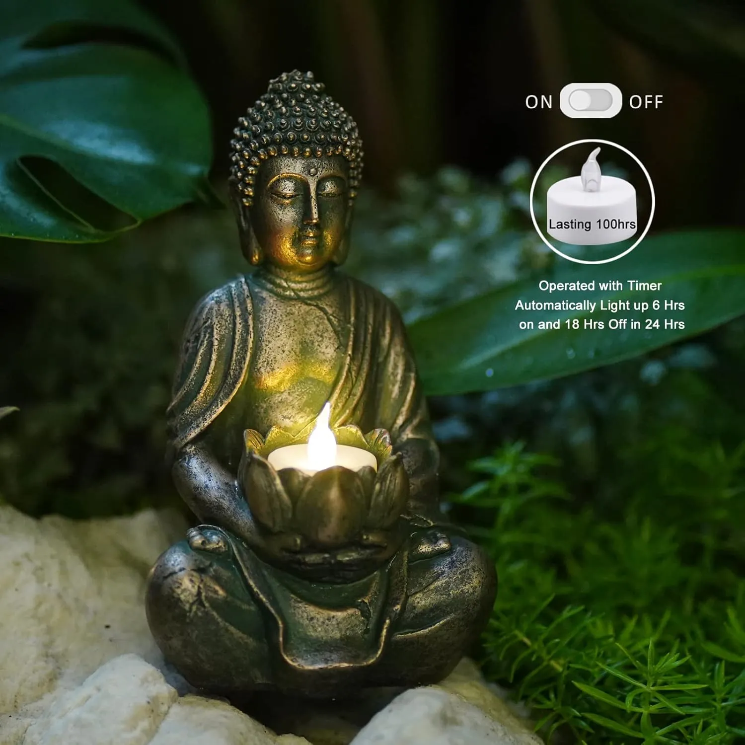 Goodeco Meditation Small Buddha Statue Figurine -Buddha with LED Tea Lights Candle Holder,Gift idea,Zen Home Decor Meditation Accessories,Antique Bronze Look 8"