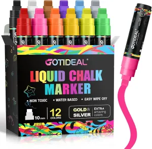 GOTIDEAL Window Markers, Jumbo Chalk Markers for Blackboard, Washable Car Markers for Chalkboard Glass Mirrow,10mm Thick Tip12 Colors With Metallic Colors