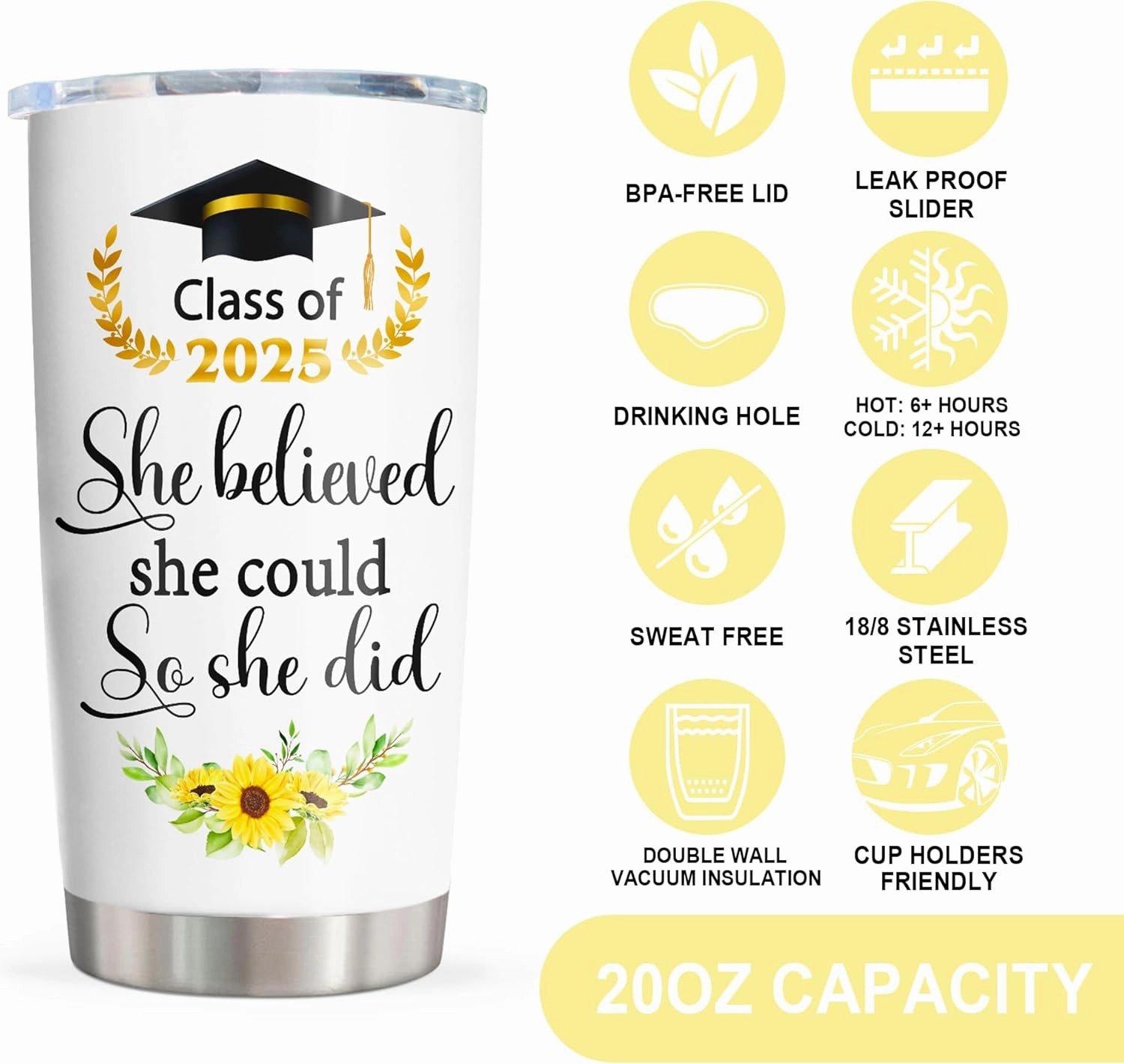 Graduation Gifts Tumbler 20oz, 2025 Graduation Gifts Mug, College/High School/Middle School Grad Gift for Graduates Women/Female 2025, Graduate Present Cup