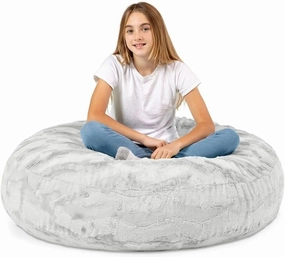 Gray Color 4 Foot Faux Fur Big Bean Bag Chair, Size: 48" L X 48" W X 16" H | Incredibly Soft Removable and Machine-Washable Cover with Childproof Zipper Lock