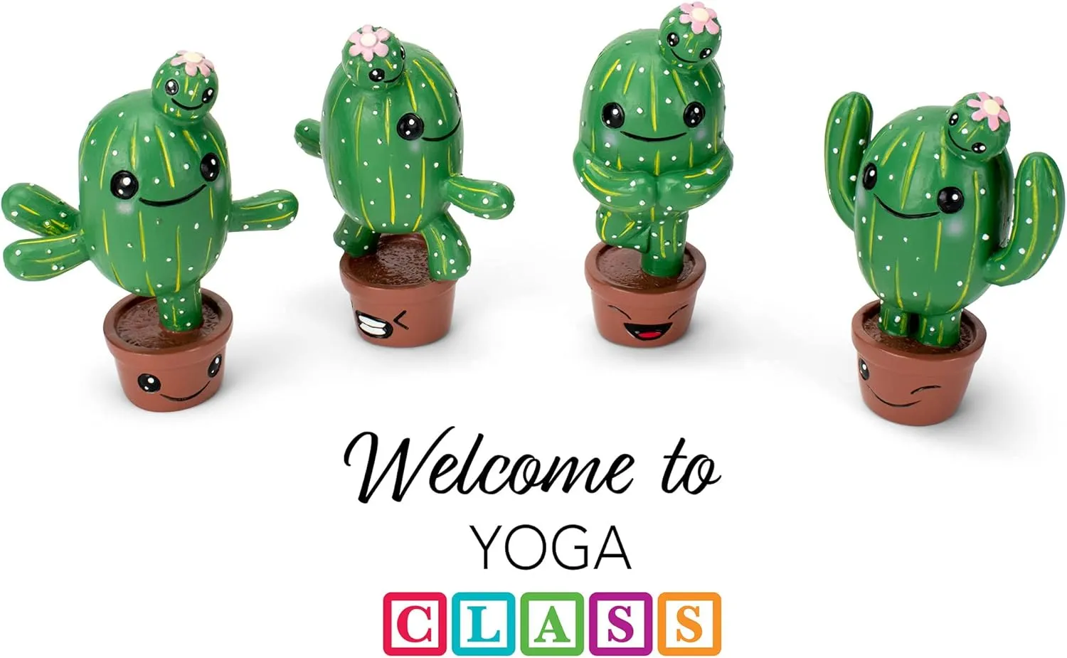 Green Yoga Cactus 4 inch Resin Stone Collectible Figurines Set of 4