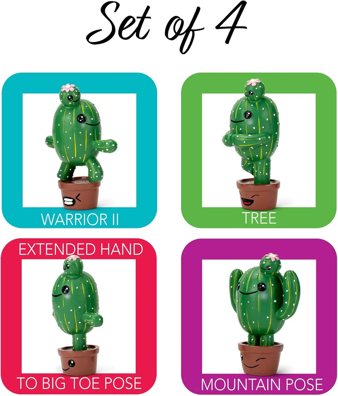 Green Yoga Cactus 4 inch Resin Stone Collectible Figurines Set of 4
