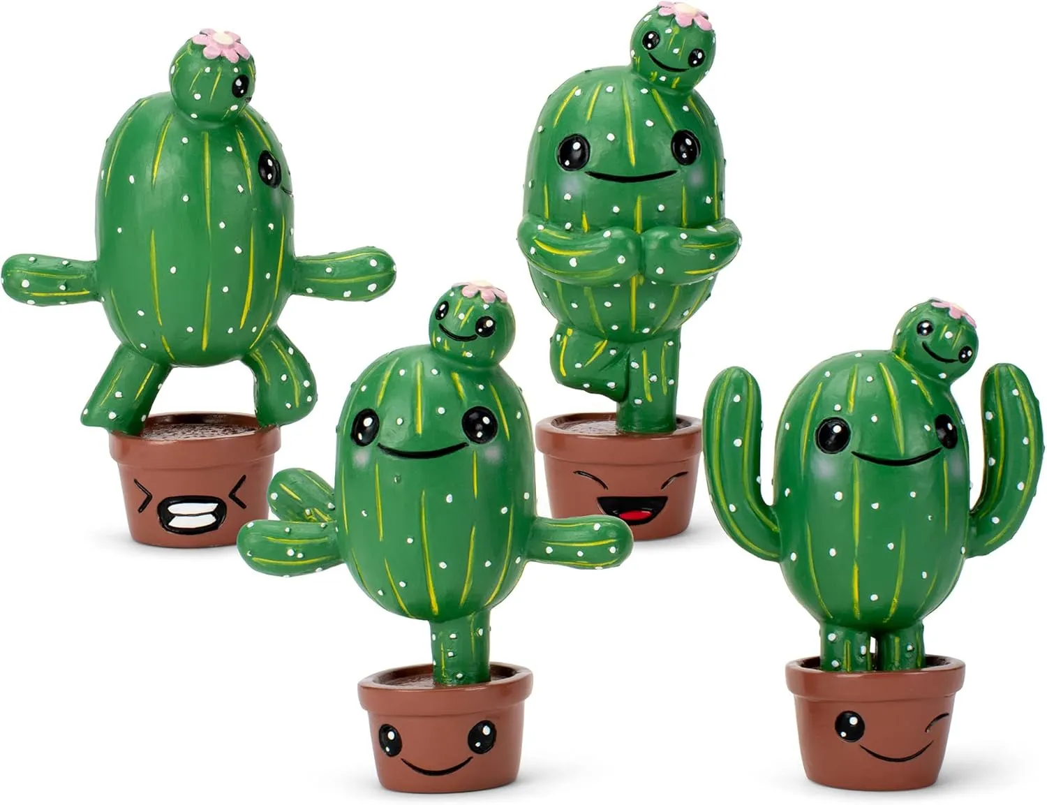Green Yoga Cactus 4 inch Resin Stone Collectible Figurines Set of 4