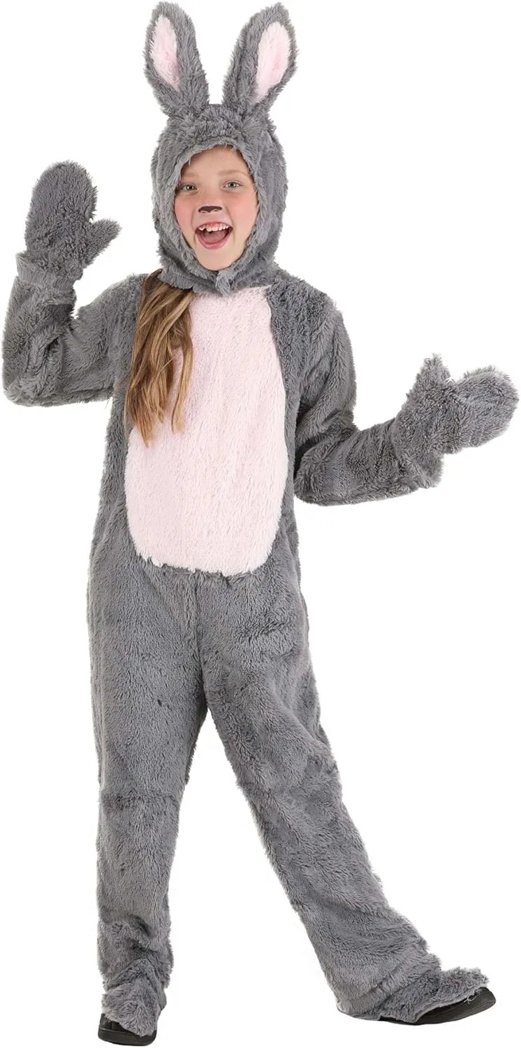 Grey Bunny Kids Costume Soft Faux Fur Jumpsuit, Mitts, Headpiece, Shoe Covers for Easter, Halloween, School Plays