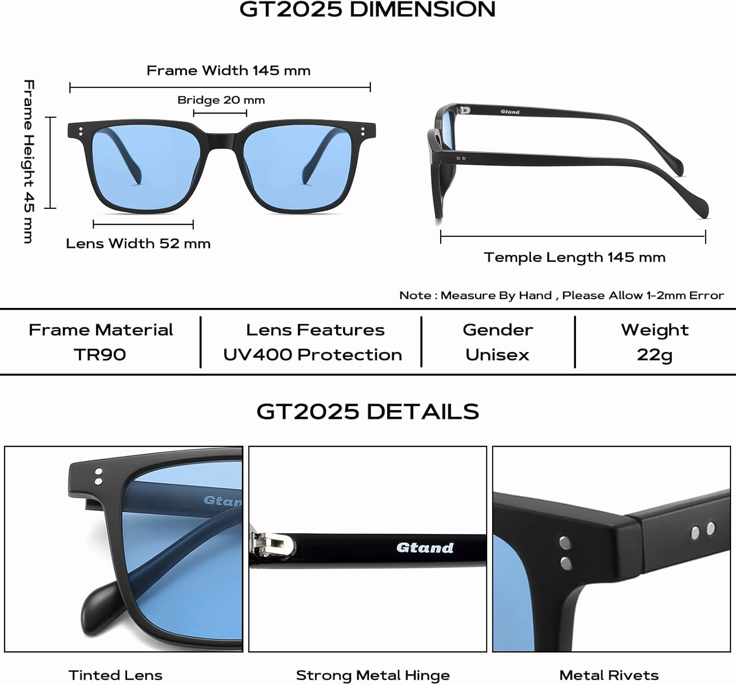 Gtand Unisex Vintage Retro Square Style Tinted Sunglasses For Men Women Fashion Rectangle Sun Glasses 52mm