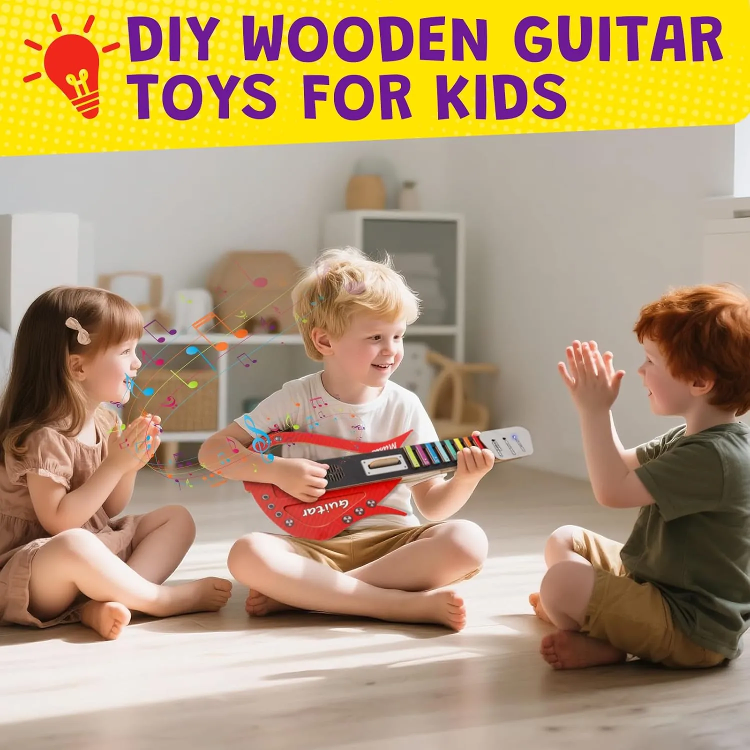 Guitar Toy for Kids DIY Electronic Wooden Play Guitar Kit, Keyboard Piano Music Toys Musical Instruments Game for 5-12 Year Old Children Toddler Boys Girl (Red)