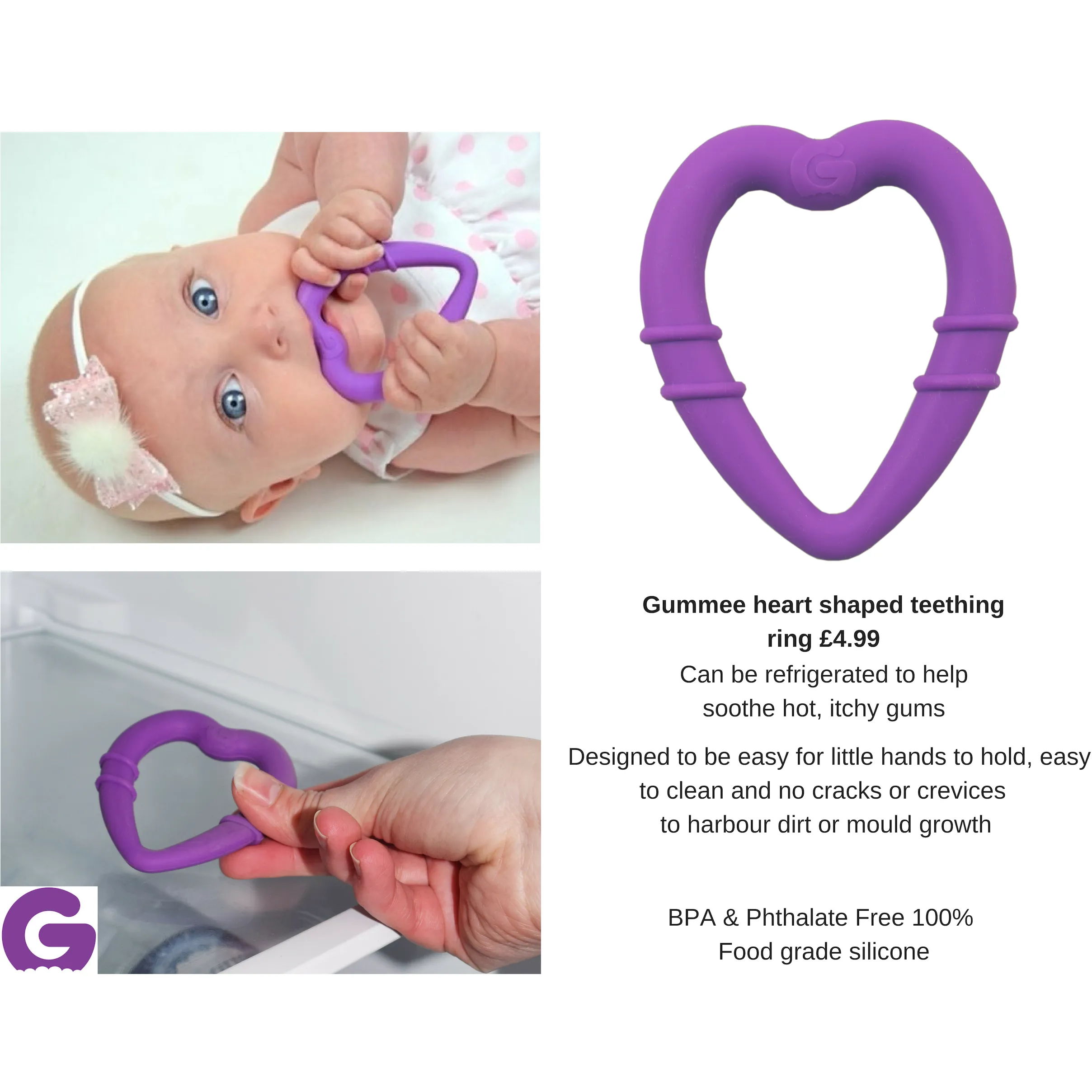 Gummee Heart Shaped Silicone Teething Ring Grey